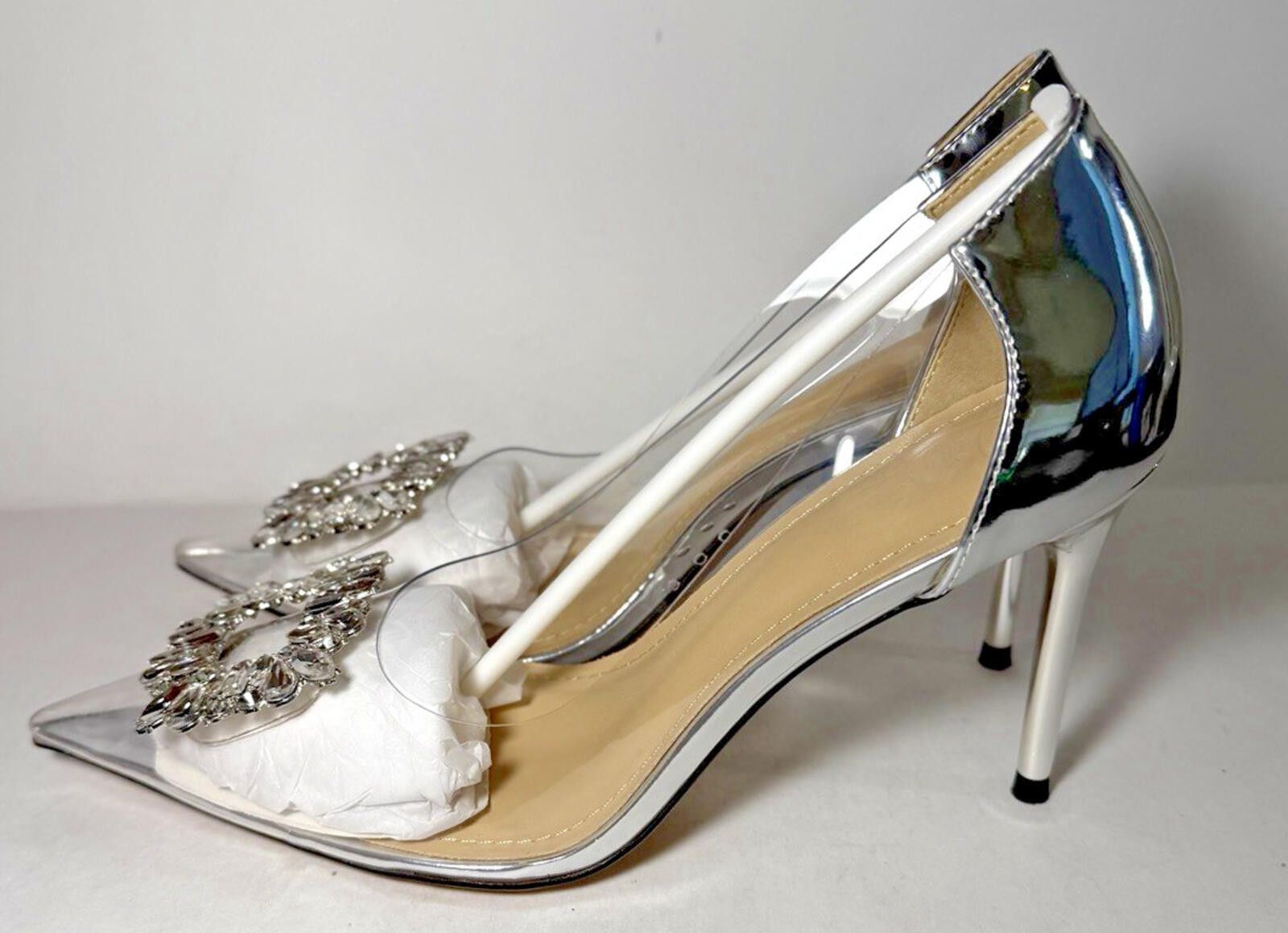 Other LING MEI High Heel Pointy Toe Crystal Buckle Clear Silver Size US 8 / IT 38 - 2 Thumbnail