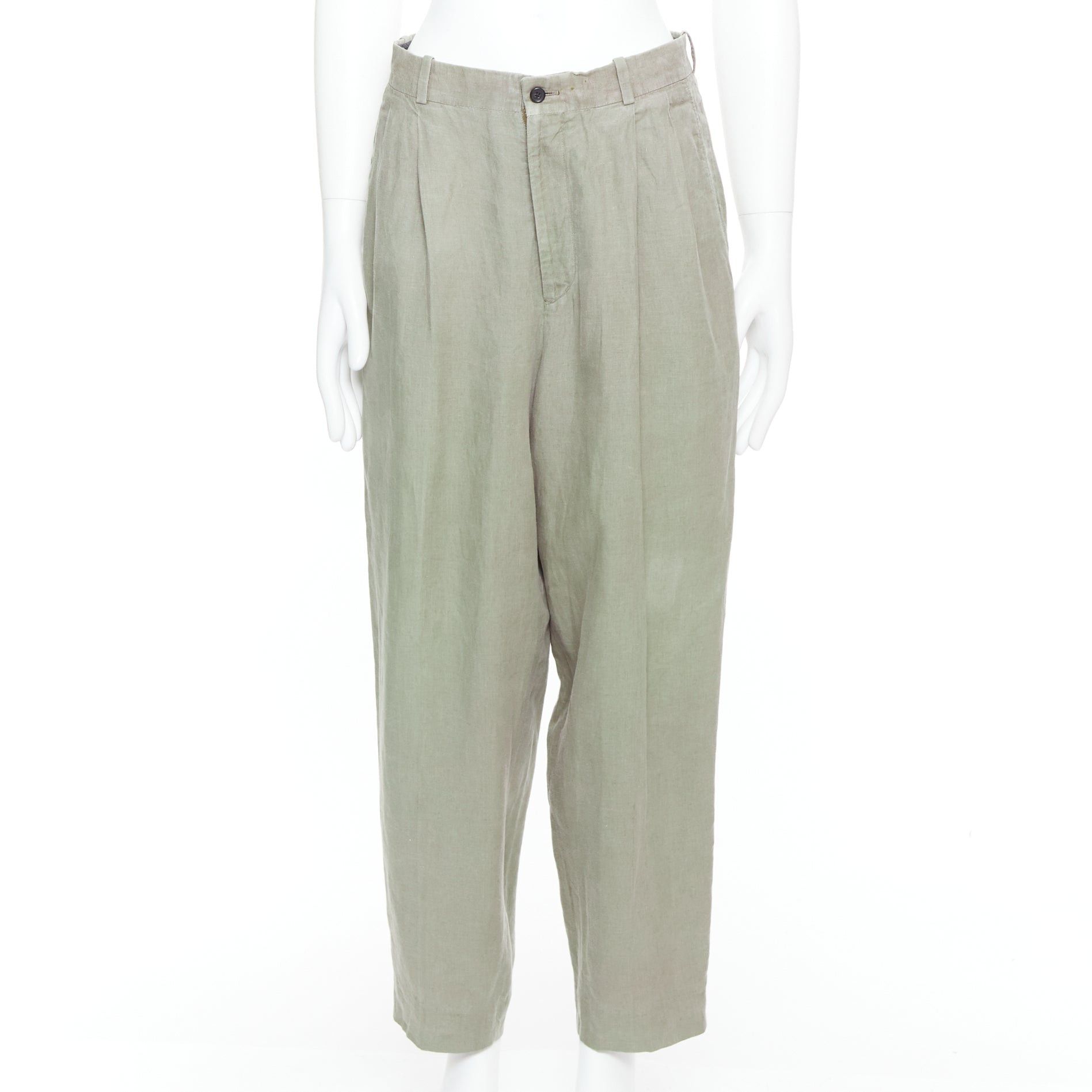 Yohji Yamamoto YOHJI YAMAMOTO khaki green linen pleated front tapered wide pants S Size US 29 - 1 Thumbnail