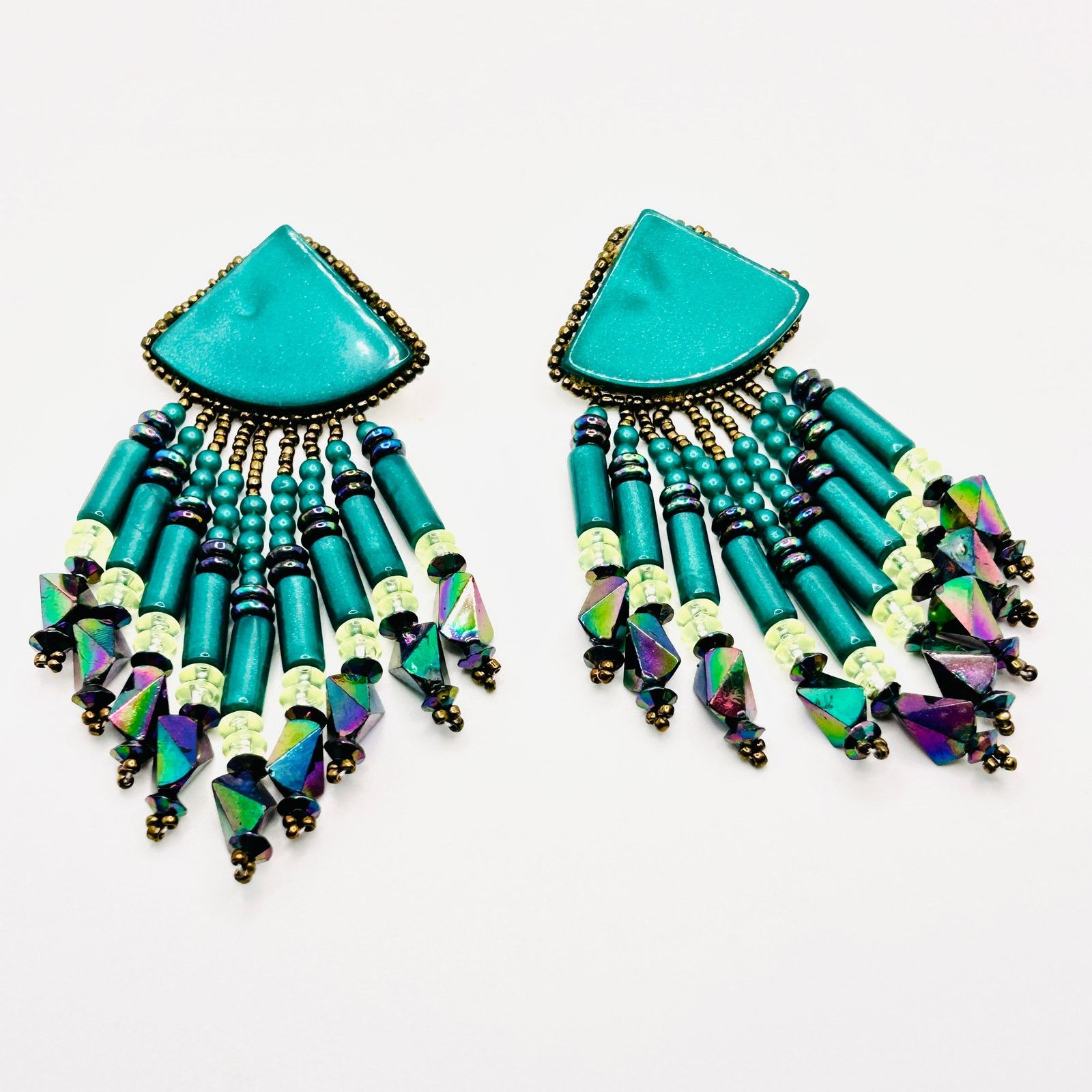 Handmade Vintage 80s Teal Turquoise Beaded Fringe Statement Earrings Size ONE SIZE - 1 Thumbnail