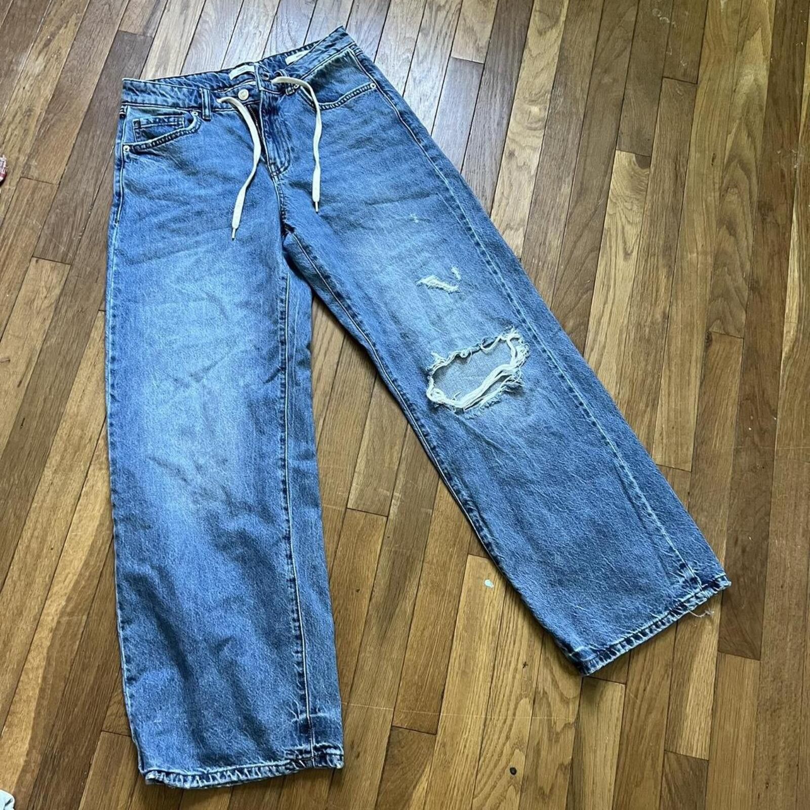 Forever 21 drawstring waist distressed dark wash jeans Size 27" / US 4 / IT 40 - 3 Thumbnail