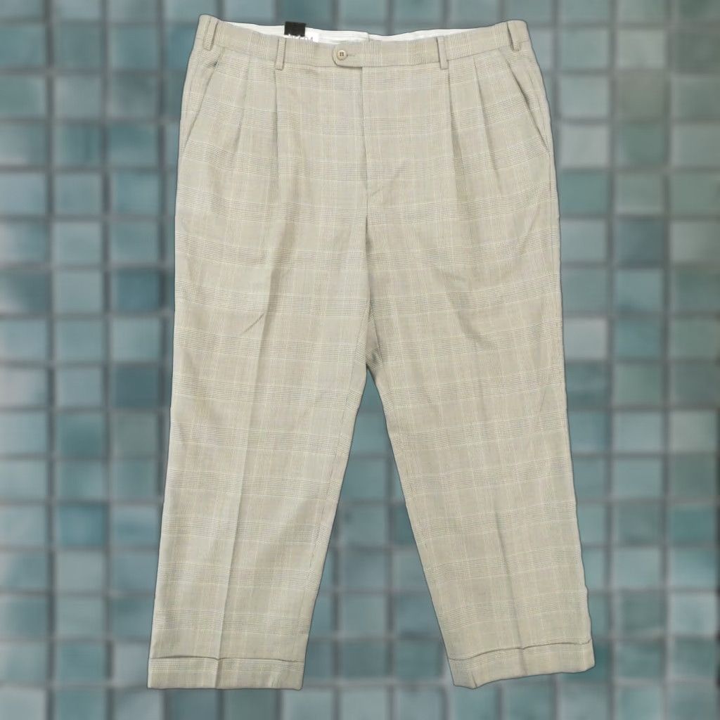 Zanella Mens Beige Plaid Pleated Wool Dress Pants 38 Regular