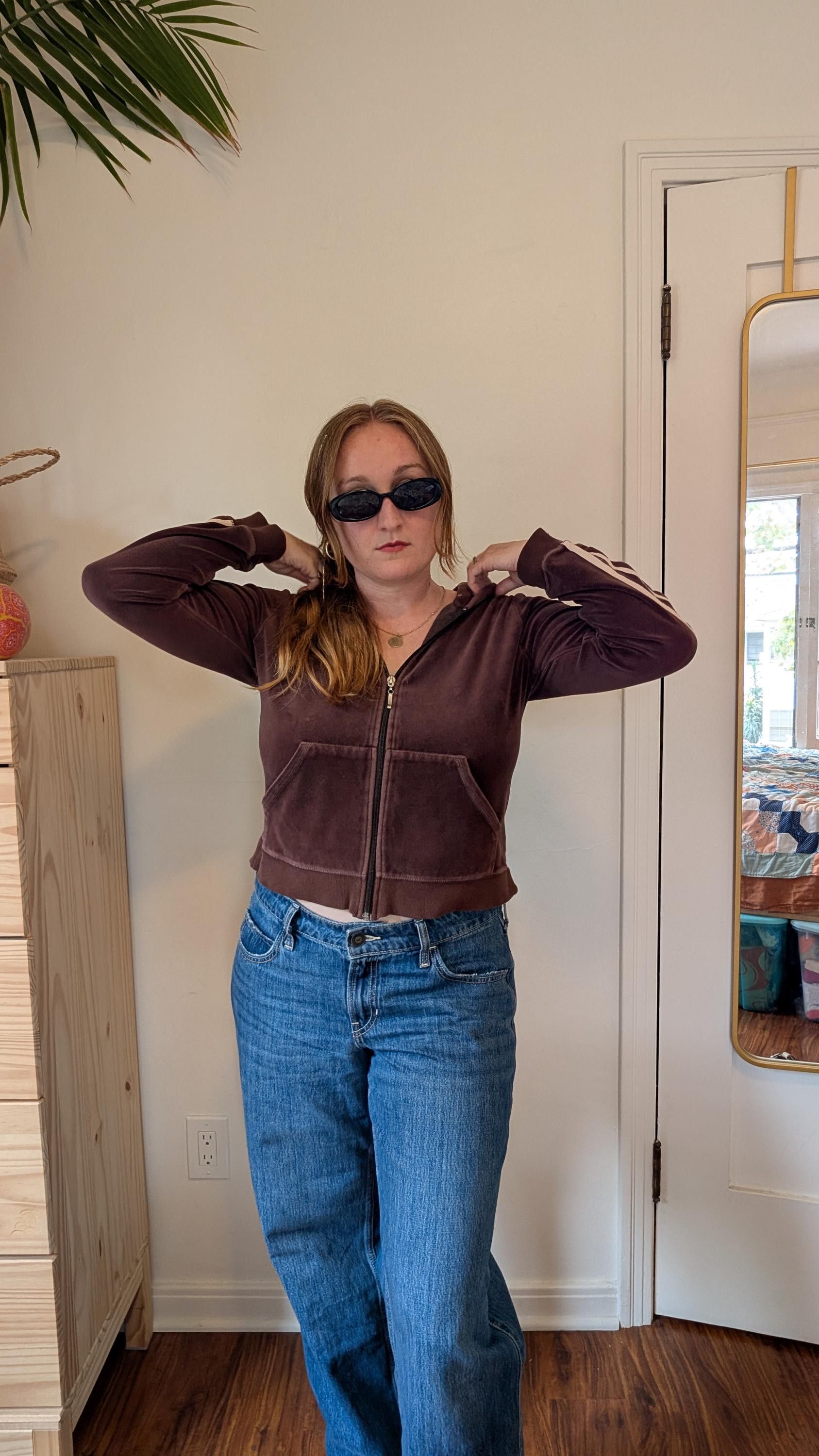 Vintage Vintage 90s/Y2K Brown Velour Hoodie, Juicy-Style Crop Stripe Size L / US 10 / IT 46 - 3 Thumbnail