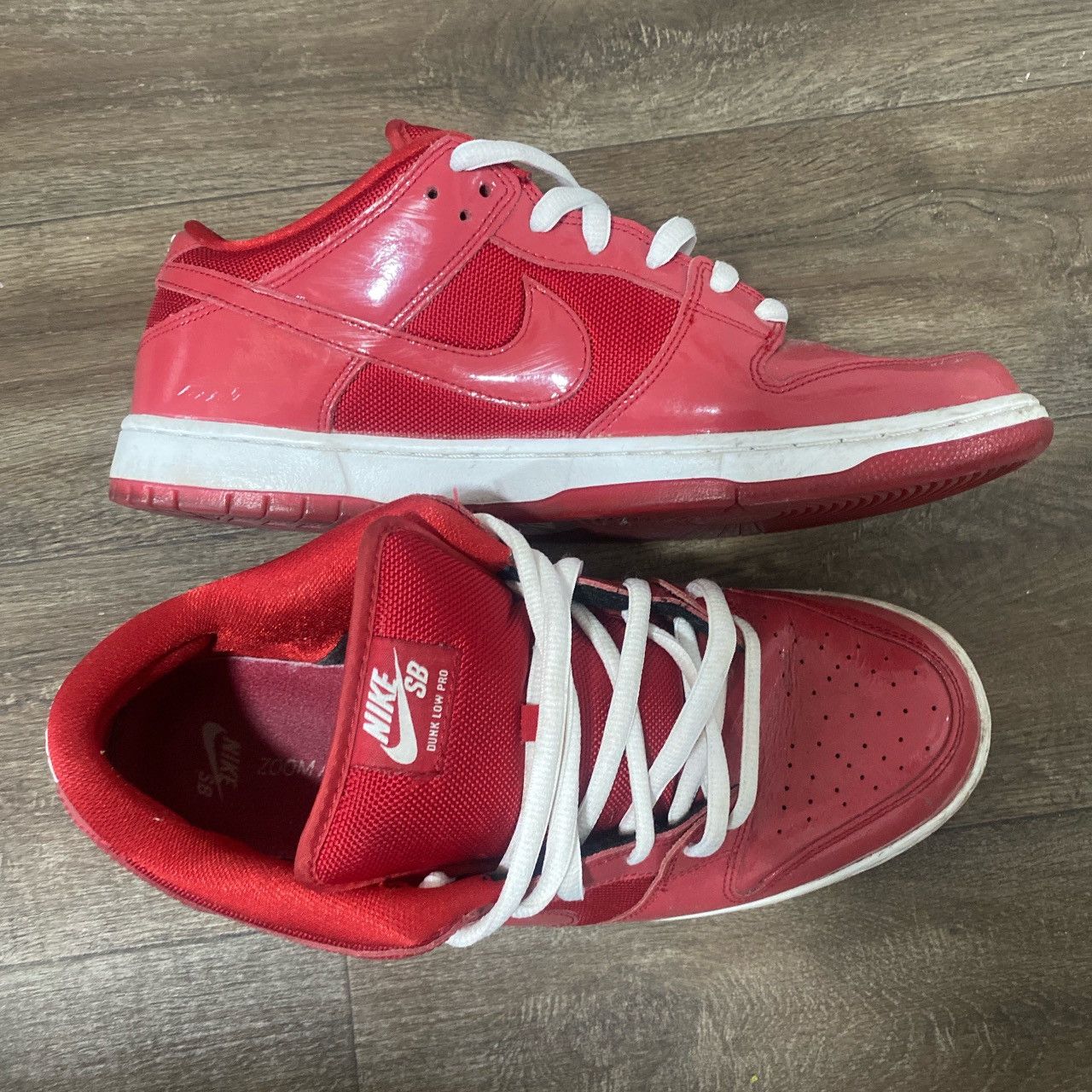 Red patent leather dunks
