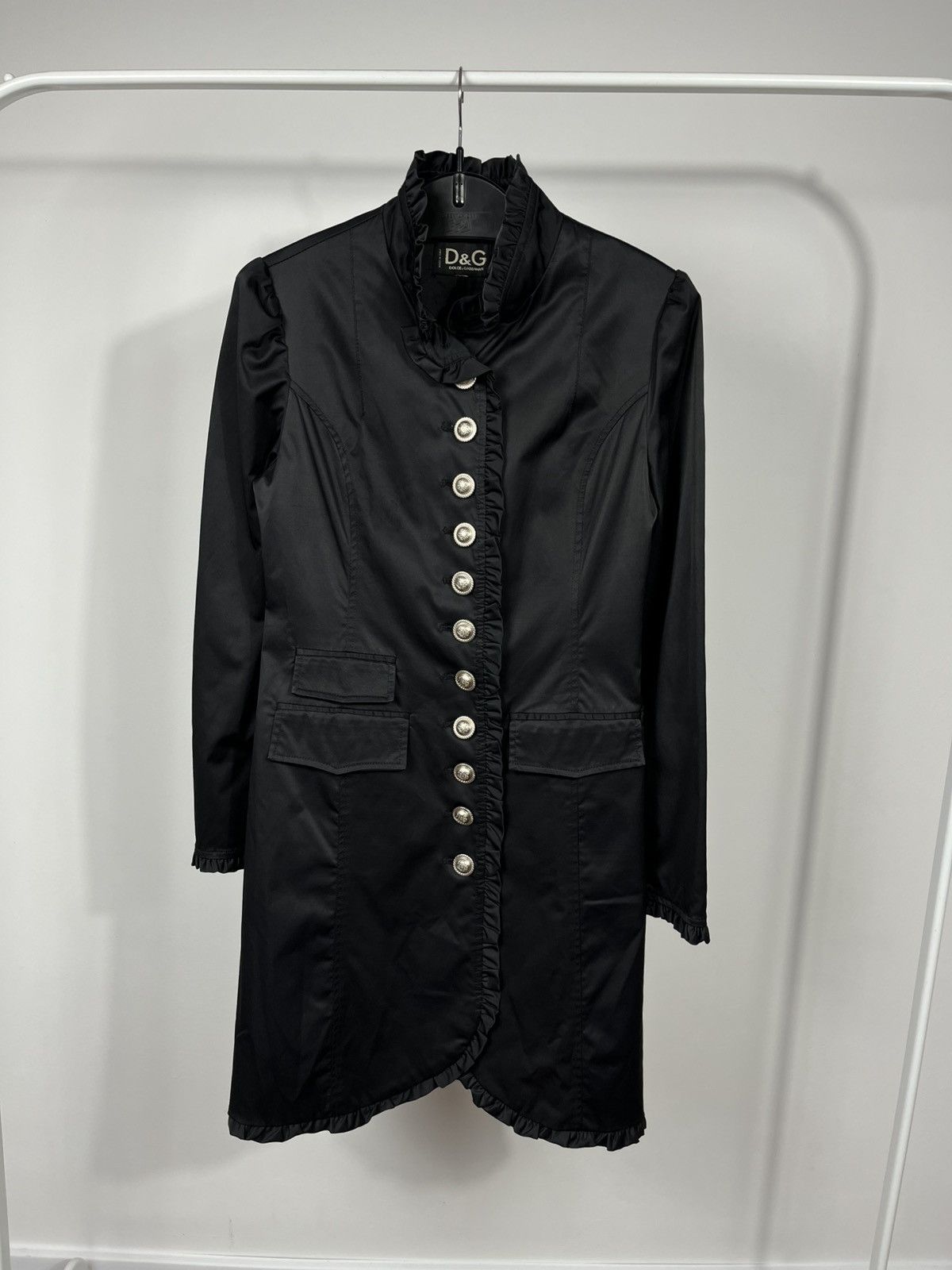 Dolce & Gabbana Dolce Gabbana D&G Black Ruffle Button Long Coat Jacket Women Size S / US 4 / IT 40 - 1 Thumbnail