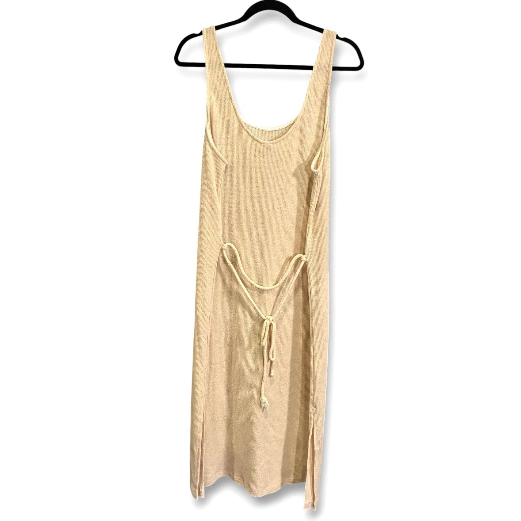 Vintage EUC VER Knit Maxi Dress Tank Style Beige Ribbed Drawstring Sides Slits XL Size XL / US 12-14 / IT 48-50 - 2 Thumbnail