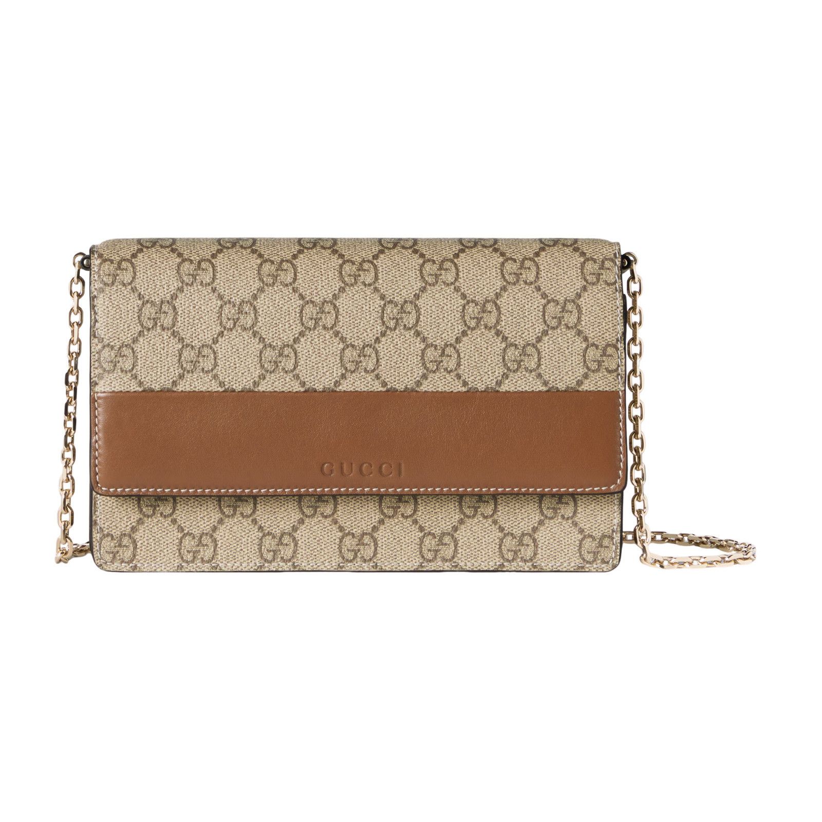 GUCCI GG Emblem $1490 Beige/Brown Leather Chain Wallet New &