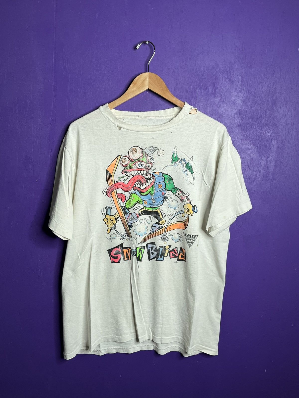 image of Made In USA x Vintage 90's Rat Fink Style Snow Blind Monster T-Shirt in White, Men's (Size XL)