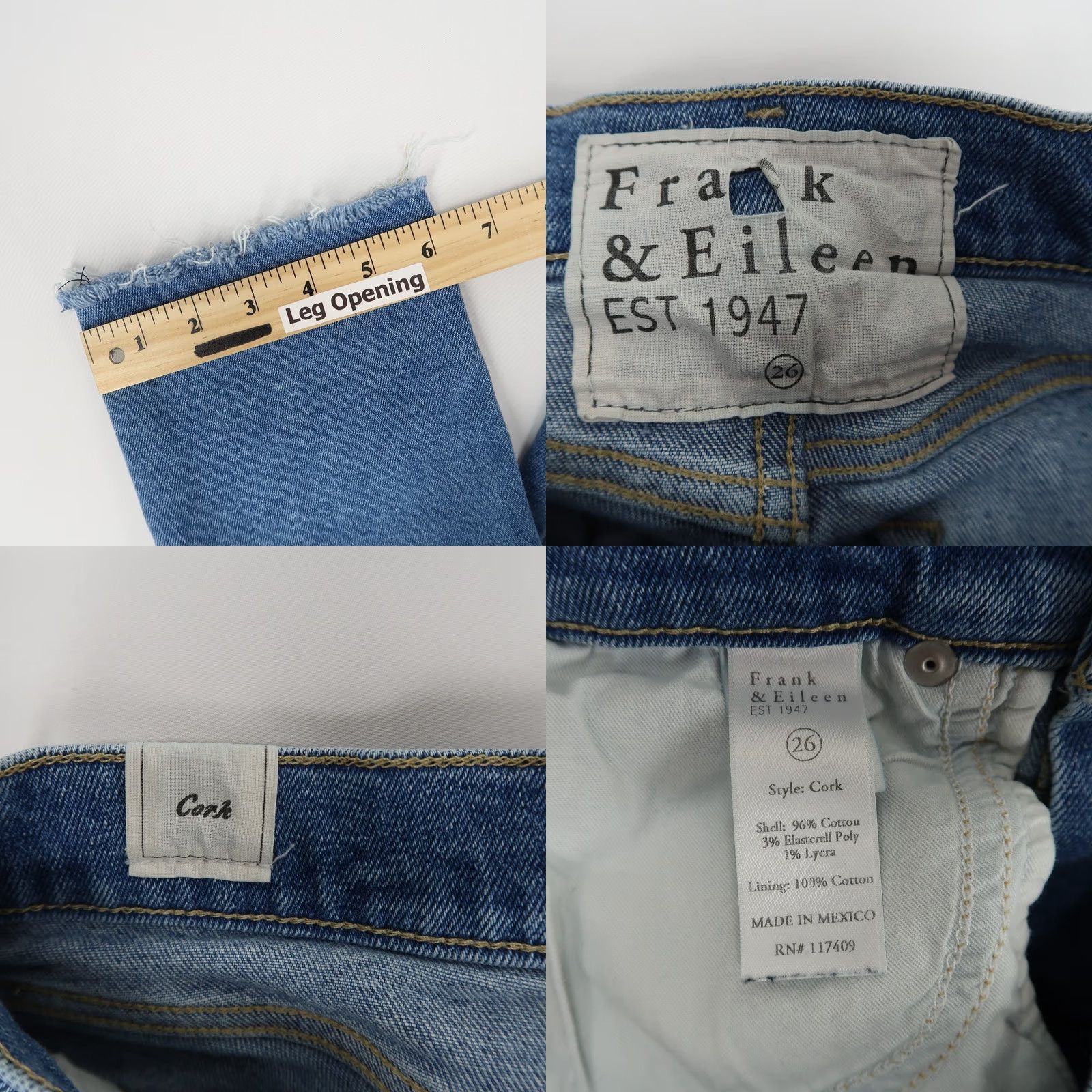 Frank & Eileen Frank and Eileen Cork Jeans Womens 26 Blue High Rise Raw Hem Button Fly Stretch Size 26" / US 2 / IT 38 - 8 Thumbnail