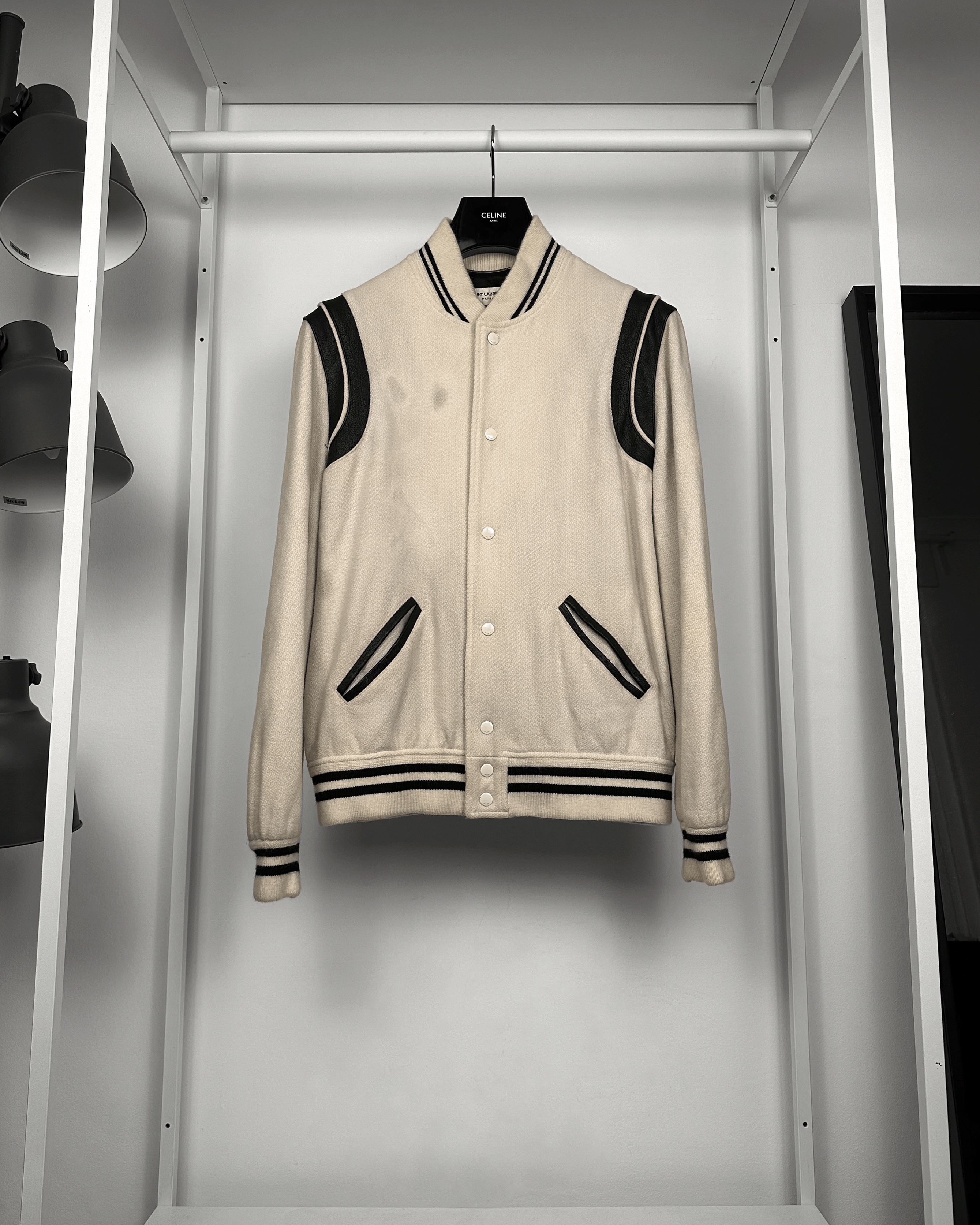 Saint Laurent Paris Saint Laurent Cream Teddy Varsity Bomber Jacket Size US L / EU 52-54 / 3 - 1 Thumbnail