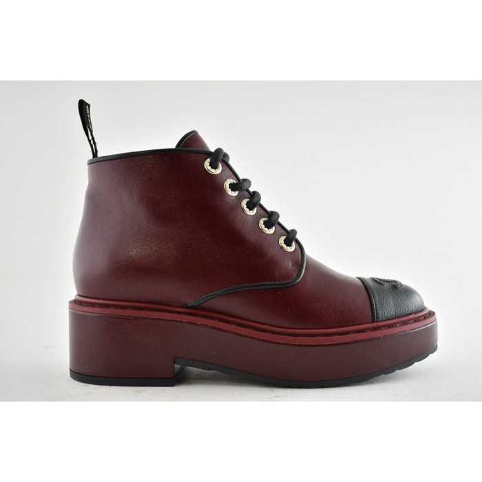 Chanel 20B Red Black Leather Pearl CC Combat Lace Up Tie