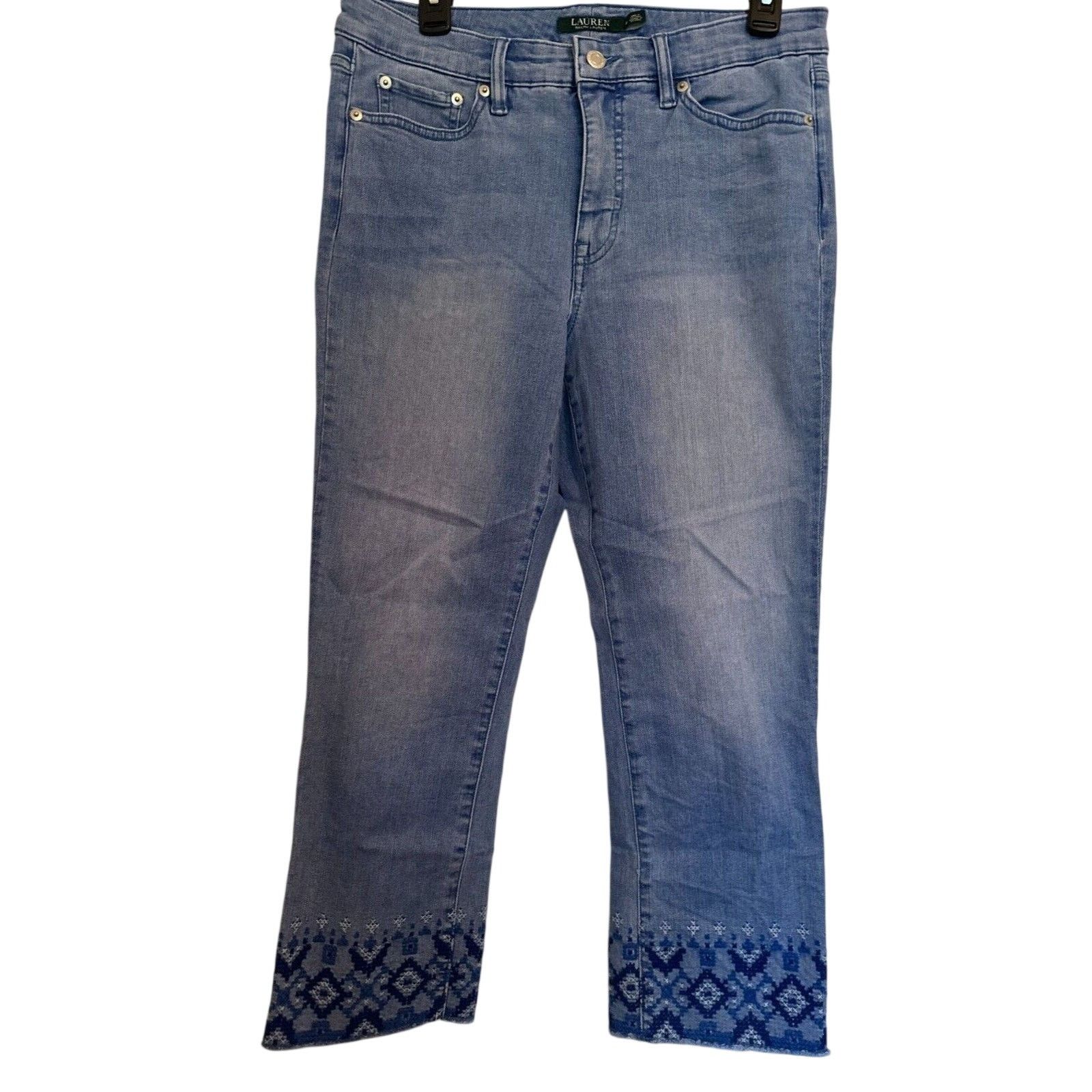 Lauren Ralph Lauren Lauren "Ralph Lauren" Embroidered Hem Cropped Blue Jeans Sz8 Size 29" - 1 Thumbnail