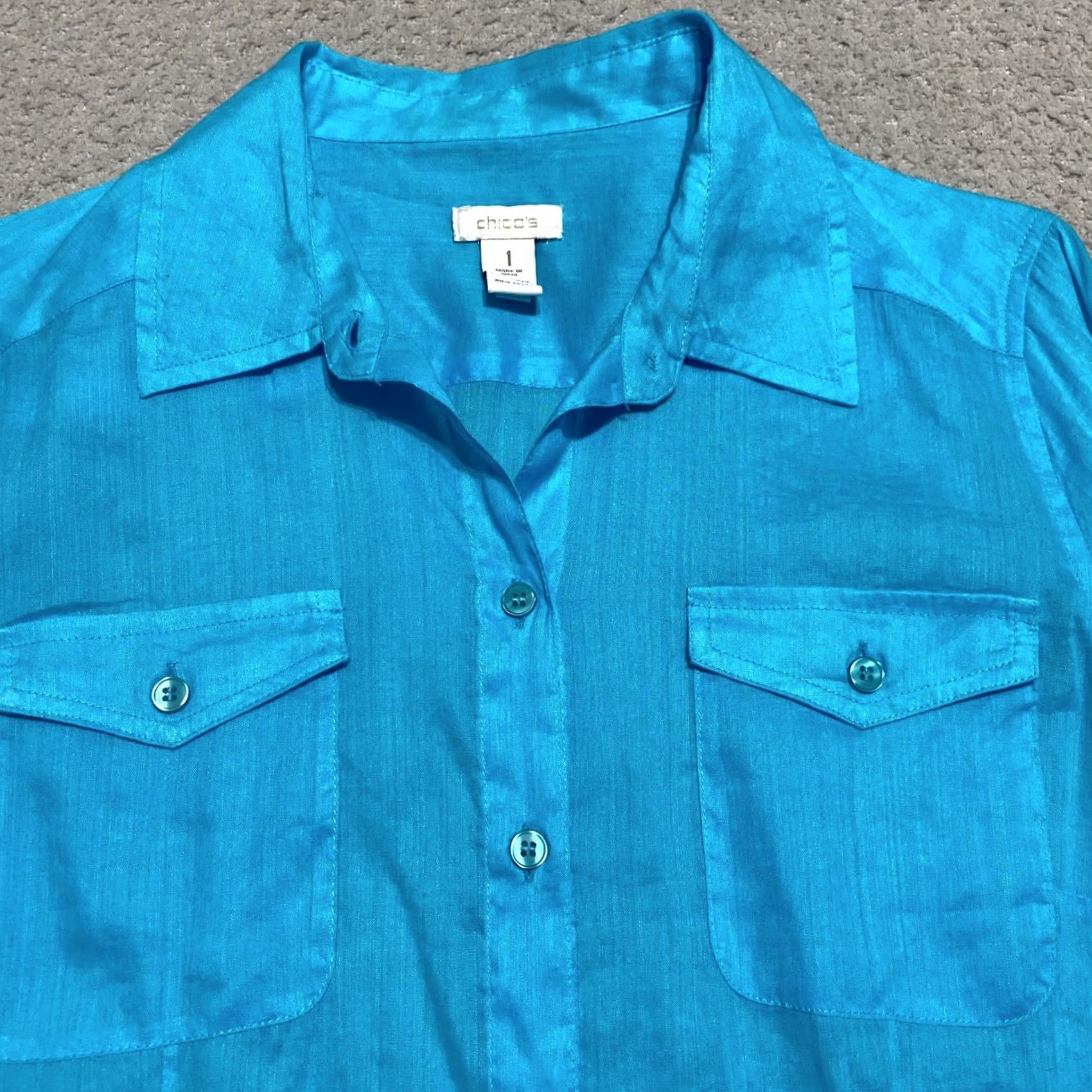 Vintage Chico's Womens Medium Shirt Solid Blue Long Sleeve Button-Up Lightweight Size M / US 6-8 / IT 42-44 - 6 Thumbnail