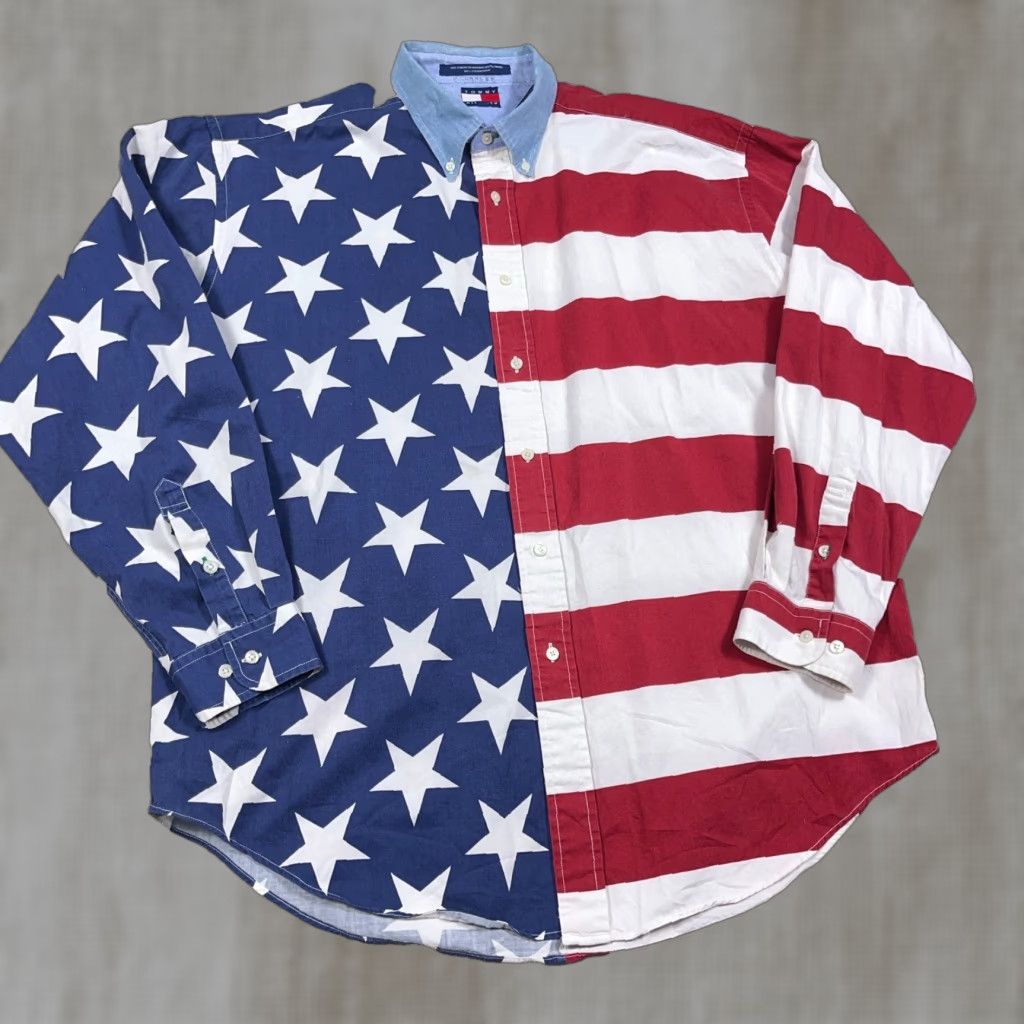 VINTAGE Tommy Hilfiger Shirt Men L Colorblock Casual 90s Western American Flag Button-Up