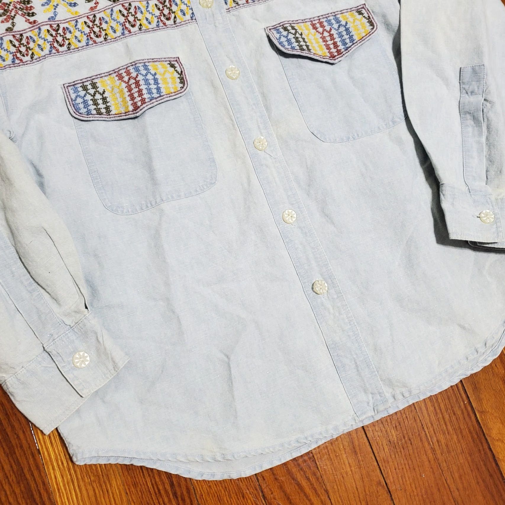 Vintage VINTAGE Cambridge Country Store Women Sz 12 Blue Linen Blend Shirt Southwestern Shirt Regular Womens 90s Bohemian Beige? Wait Size XL / US 12-14 / IT 48-50 - 4 Thumbnail