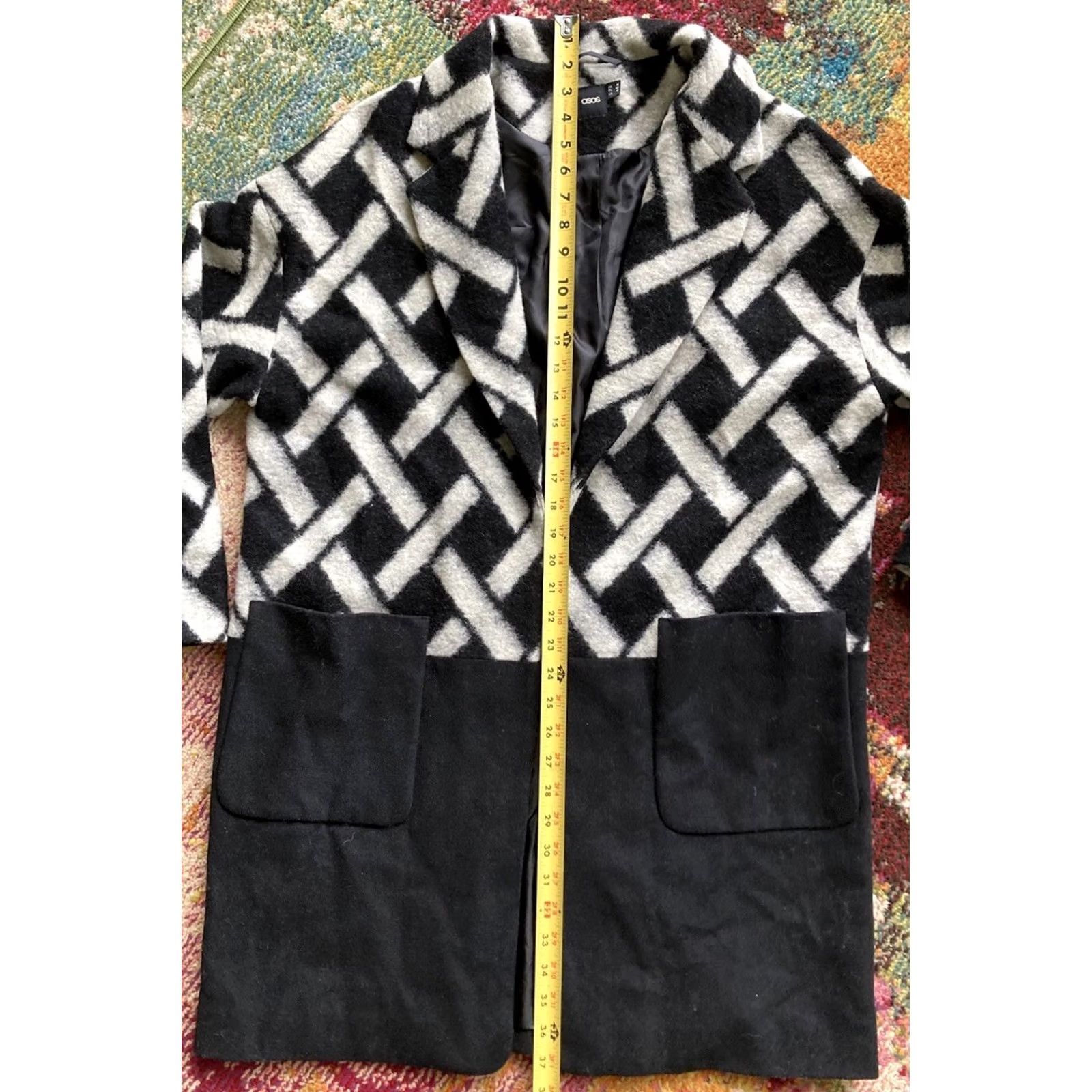 Asos ASOS Coat Wool Blend Overcoat Long Pockets Lined Black 10 Womens Geometric Jacket Multicolor Exterior Size L / US 10 / IT 46 - 7 Thumbnail