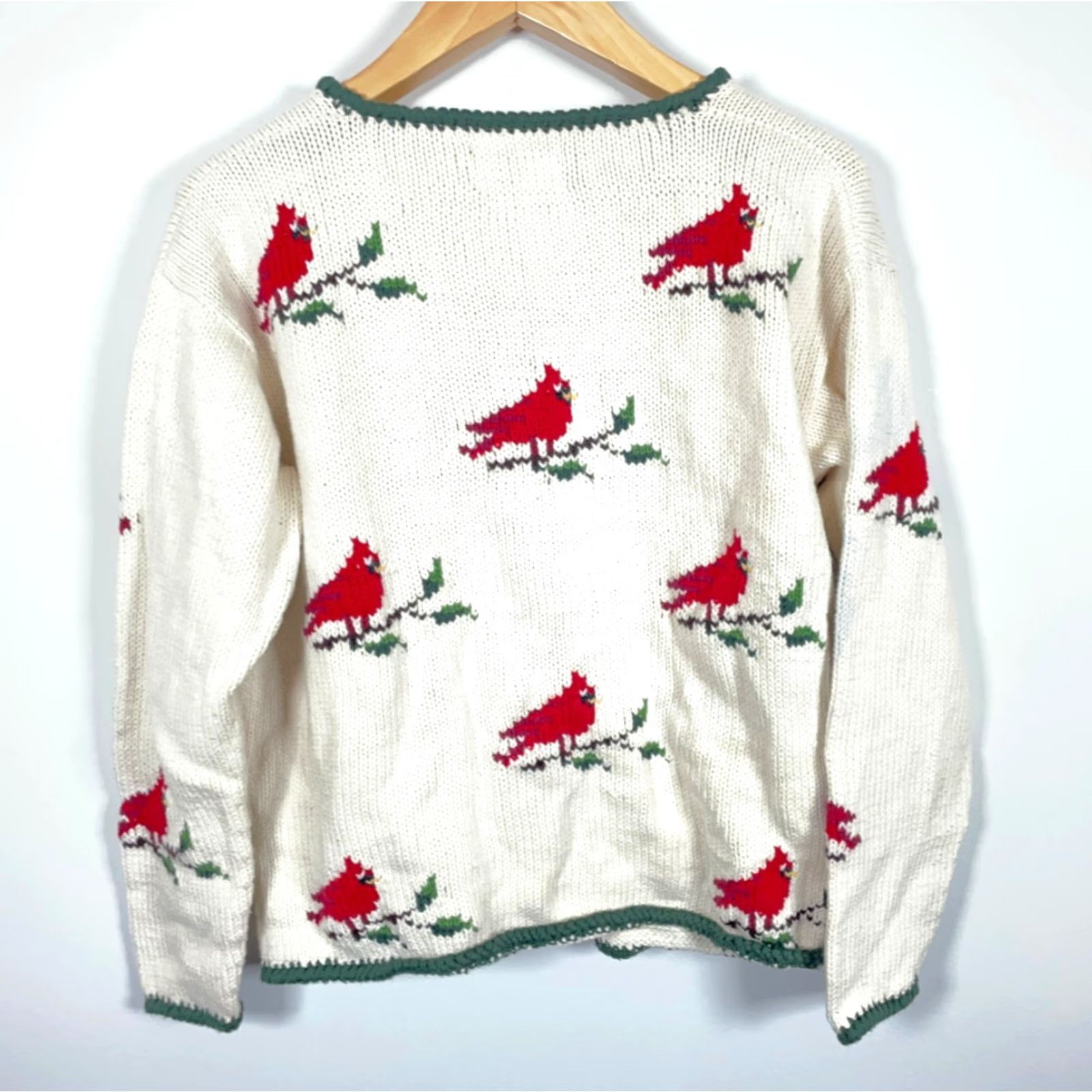 Vintage VINTAGE Leelanau Trail Cardigan Women's Large Ivory Cardinal Motif 100% Cotton Chunky Knit Long Sleeve Collared Mermaid? Size L / US 10 / IT 46 - 2 Thumbnail