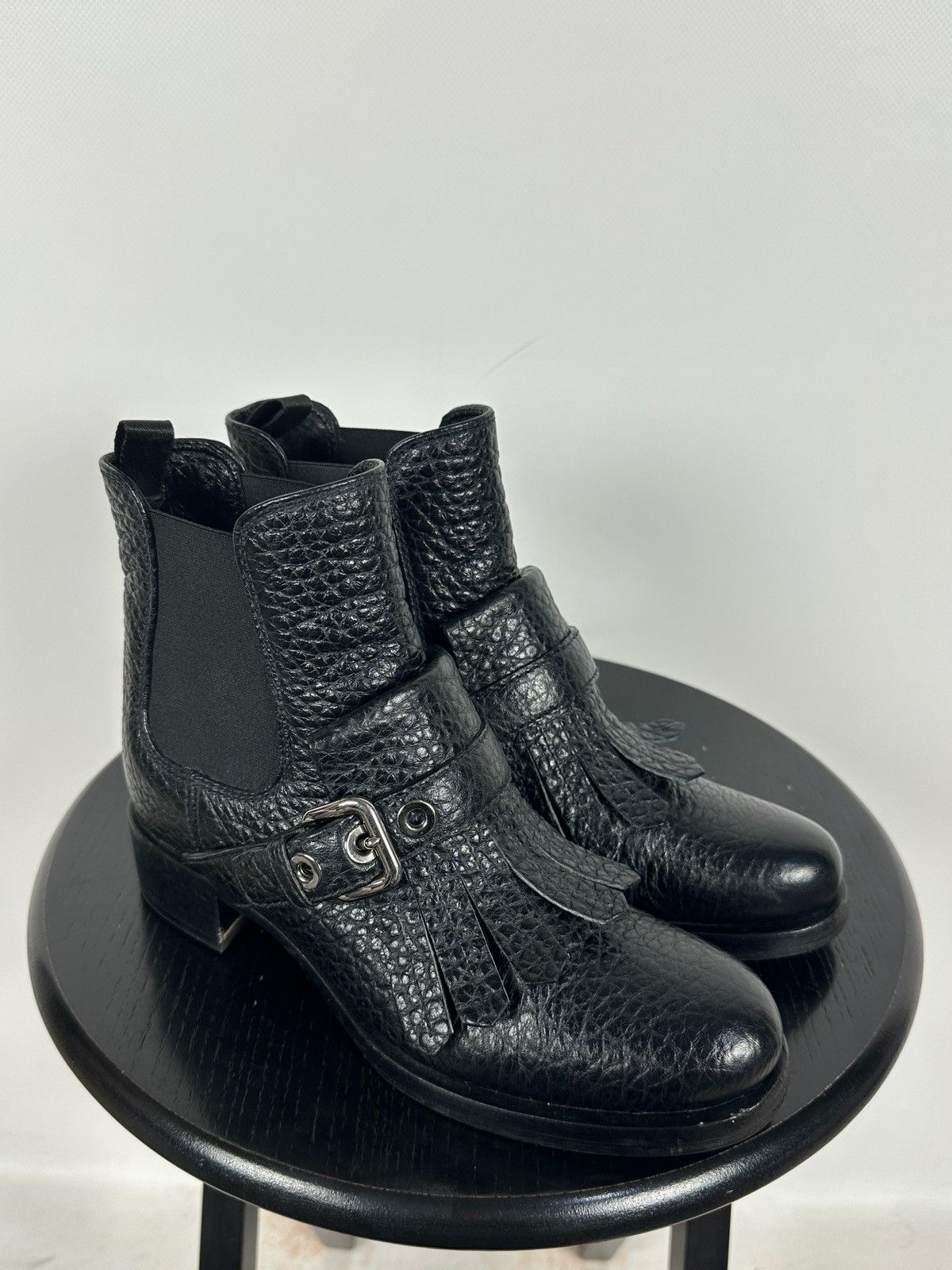 Prada Prada Black Leather Buckle Fringe Chelsea Ankle Boots Size US 6.5 / IT 36.5 - 2 Thumbnail