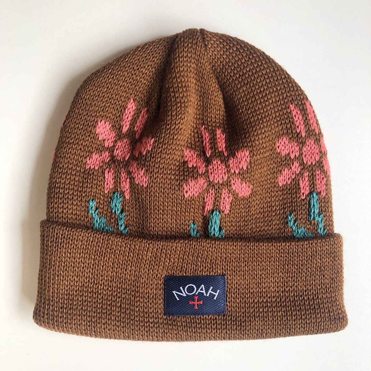 image of Noah Merino Jacquard Floral Beanie Brown, Men's