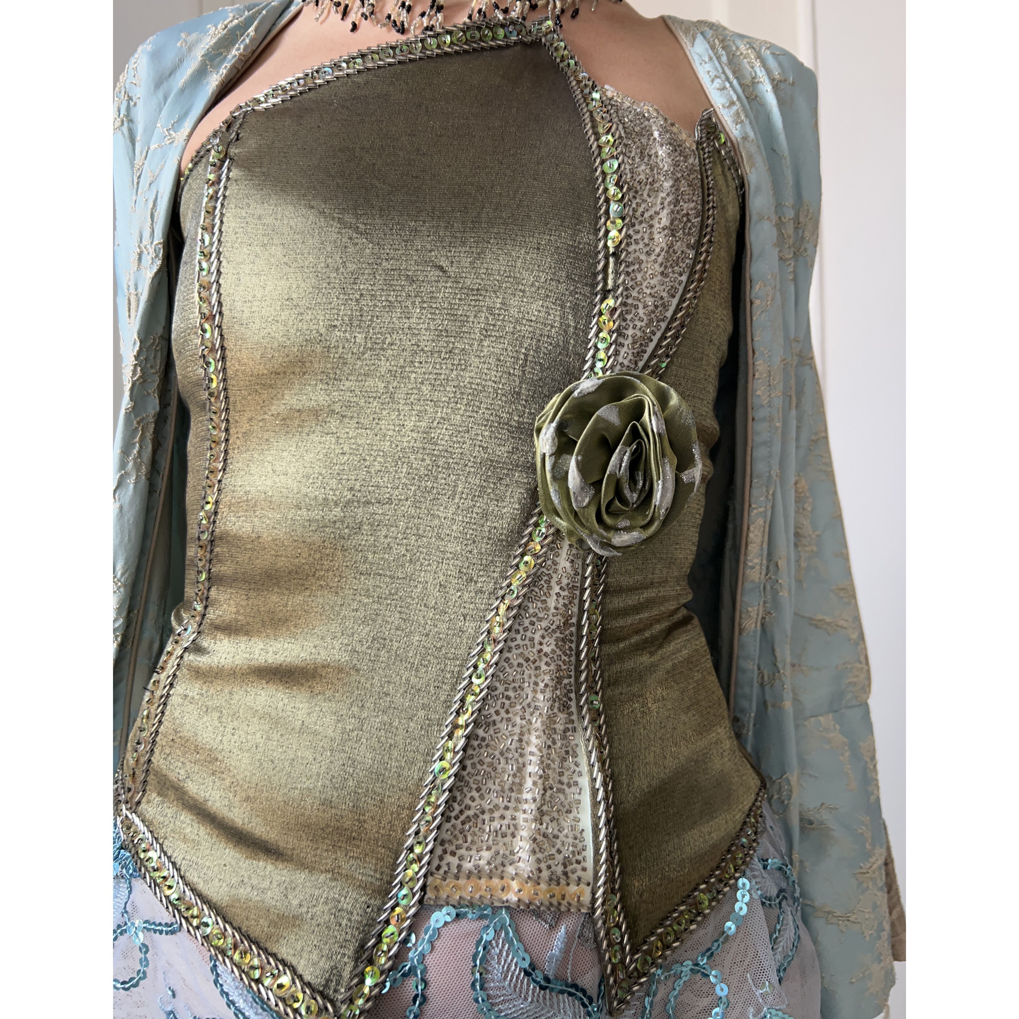 Handmade Vintage 90s satin green beaded embroidered corset top Size S / US 4 / IT 40 - 4 Thumbnail