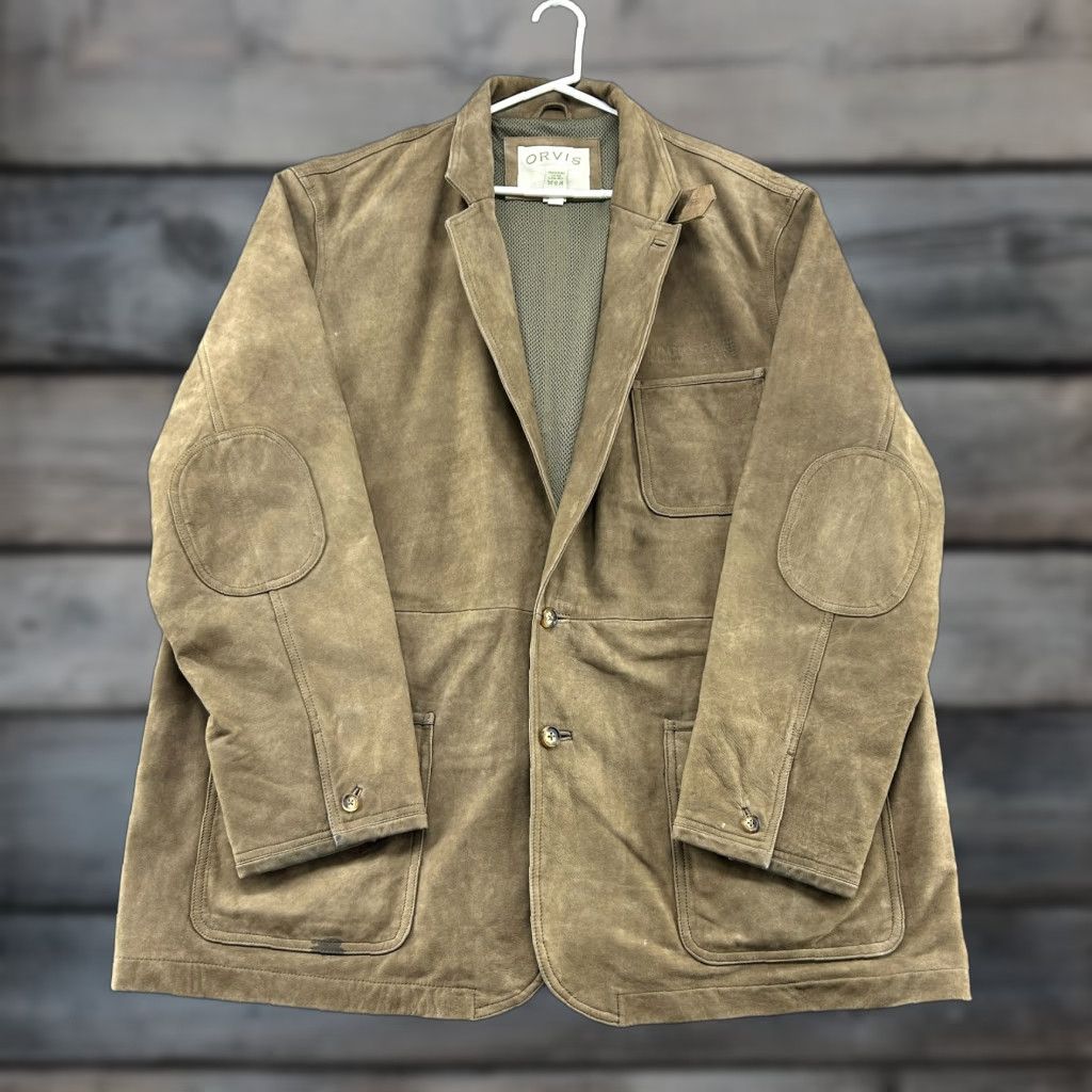 VINTAGE Orvis Blazer Jacket Men 54L Brown Leather Western Pea Coat Regular Size 54 Mens Brown