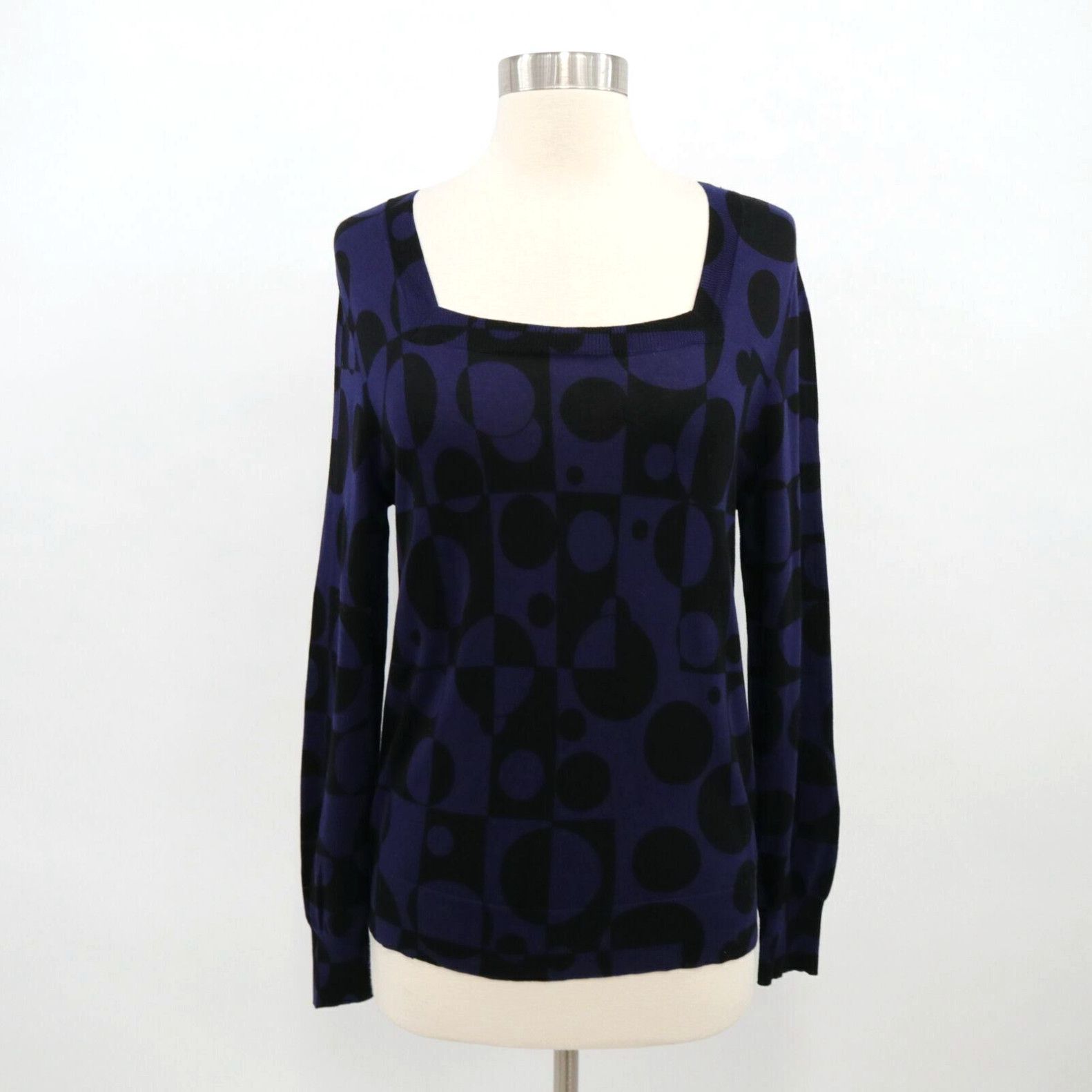 image of Dries Van Noten Pullover Sweater Womens M Medium Blue Black Circles Cotton Knit in White