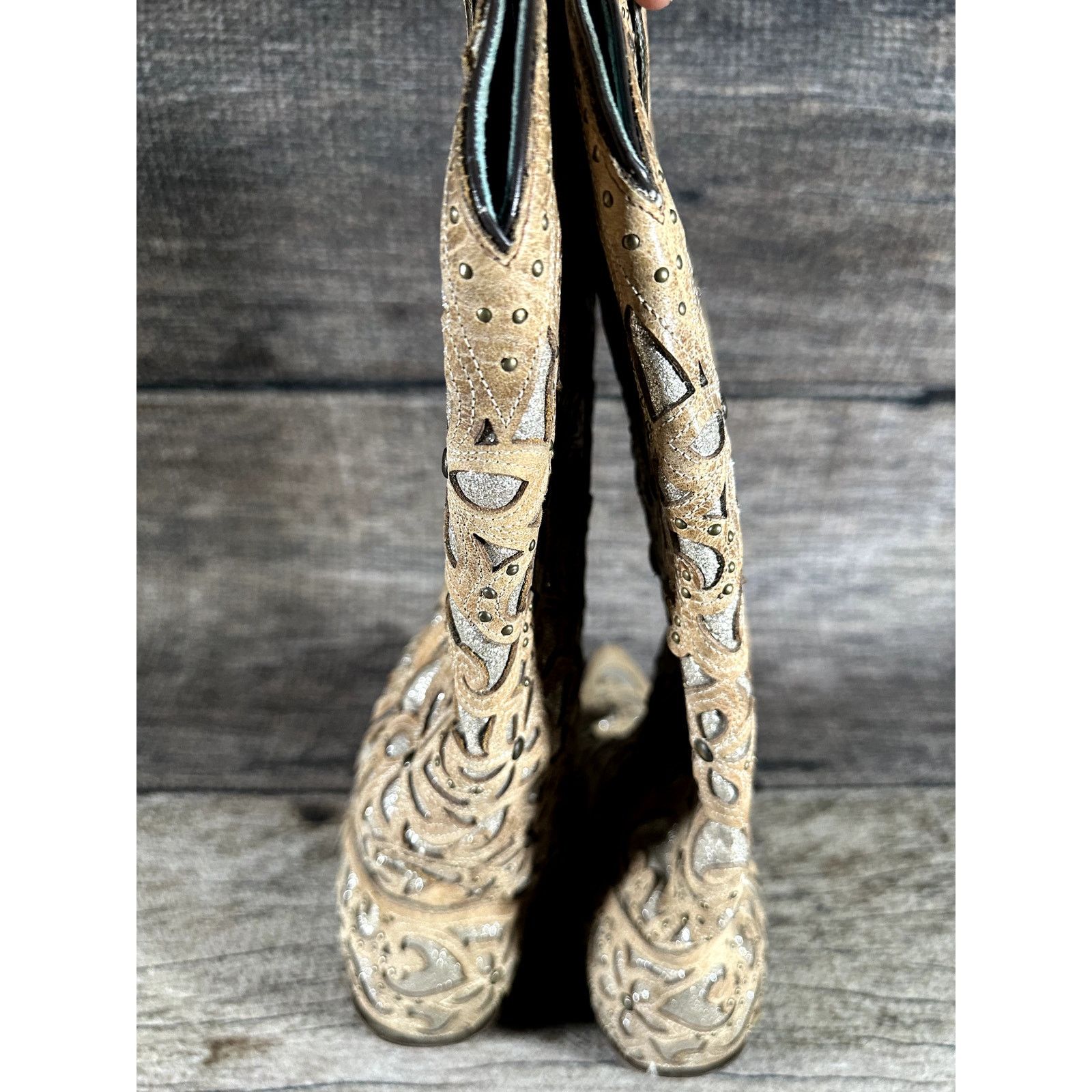 Corral Corral Ladies Sand Brown Glitter Inlay Studs Knee Boots 9.5 Size US 9.5 / IT 39.5 - 2 Thumbnail