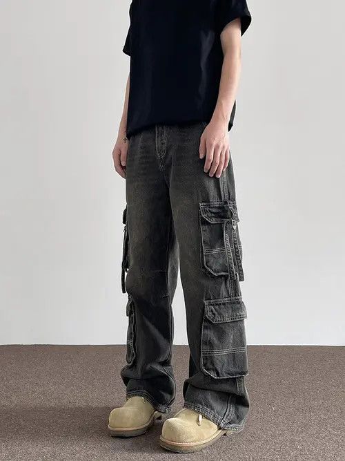 VIBE Black Washed Cargo Denim Jeans with Straps Size US 32 / EU 48 - 6 Thumbnail