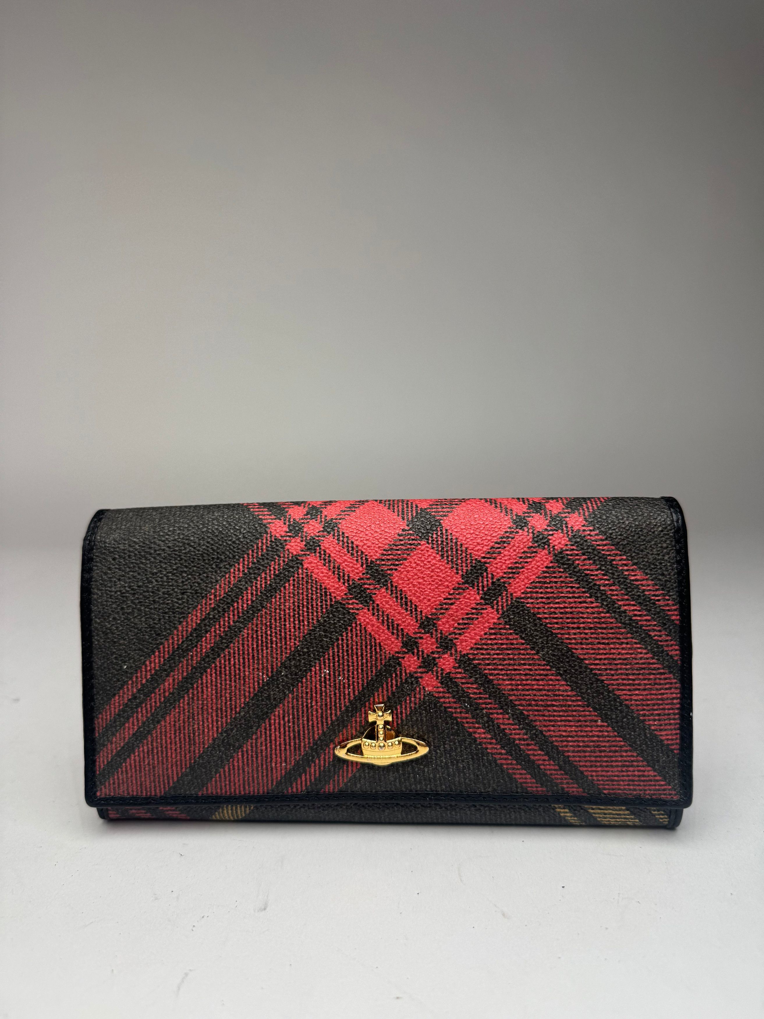 Vintage checked leather wallet black red