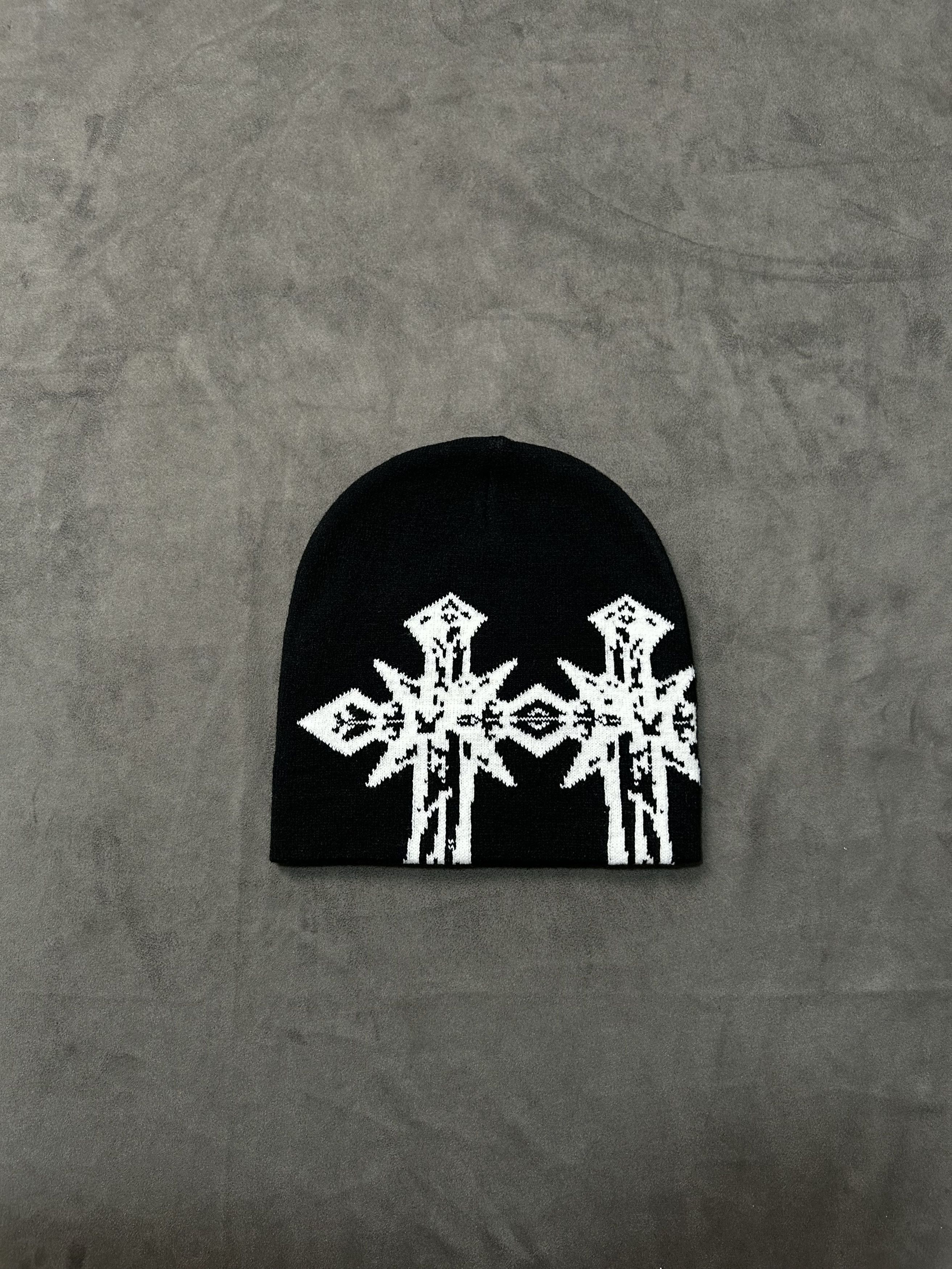 Japanese Brand Rare Double Crosses Graphic No Cuff Knit Beanie Black Hat OS Size ONE SIZE - 1 Thumbnail