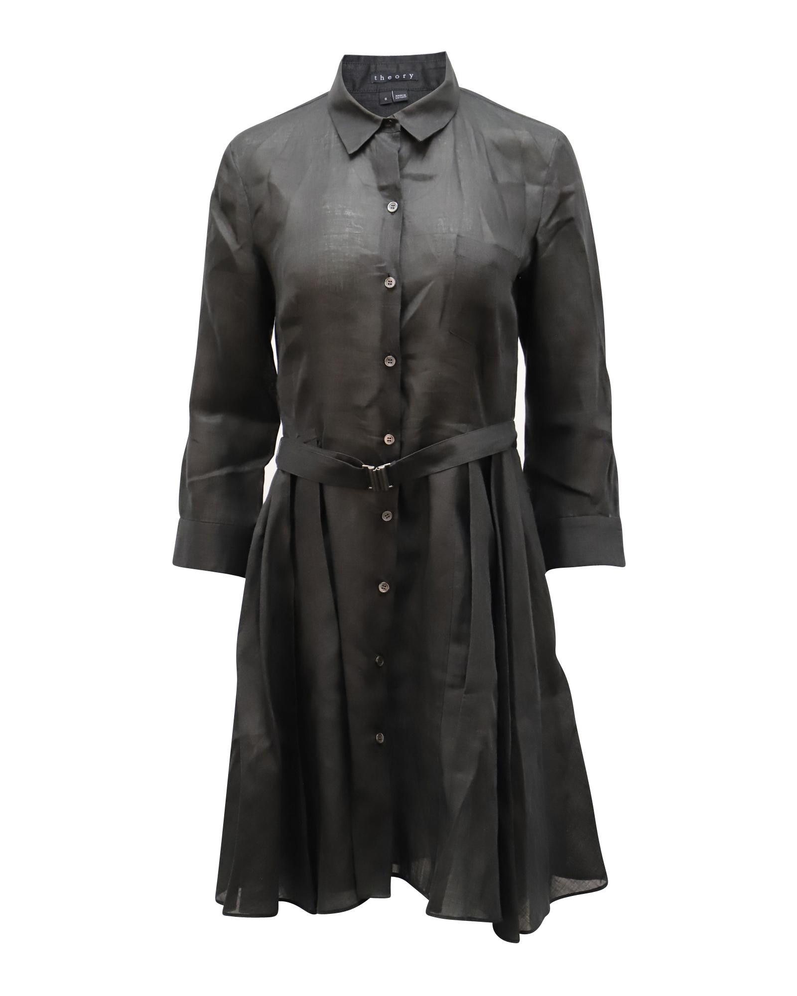 image of Black Linen Belted Shirt Dress By Theory, Women's (Size Medium)