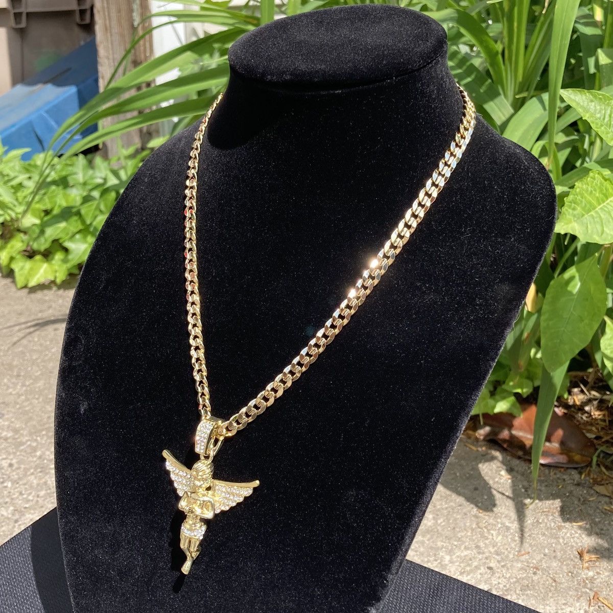 Jewelry Gold Chain Cuban Curb Necklace 24in 7mm and Icy Angel Charm Size ONE SIZE - 4 Thumbnail