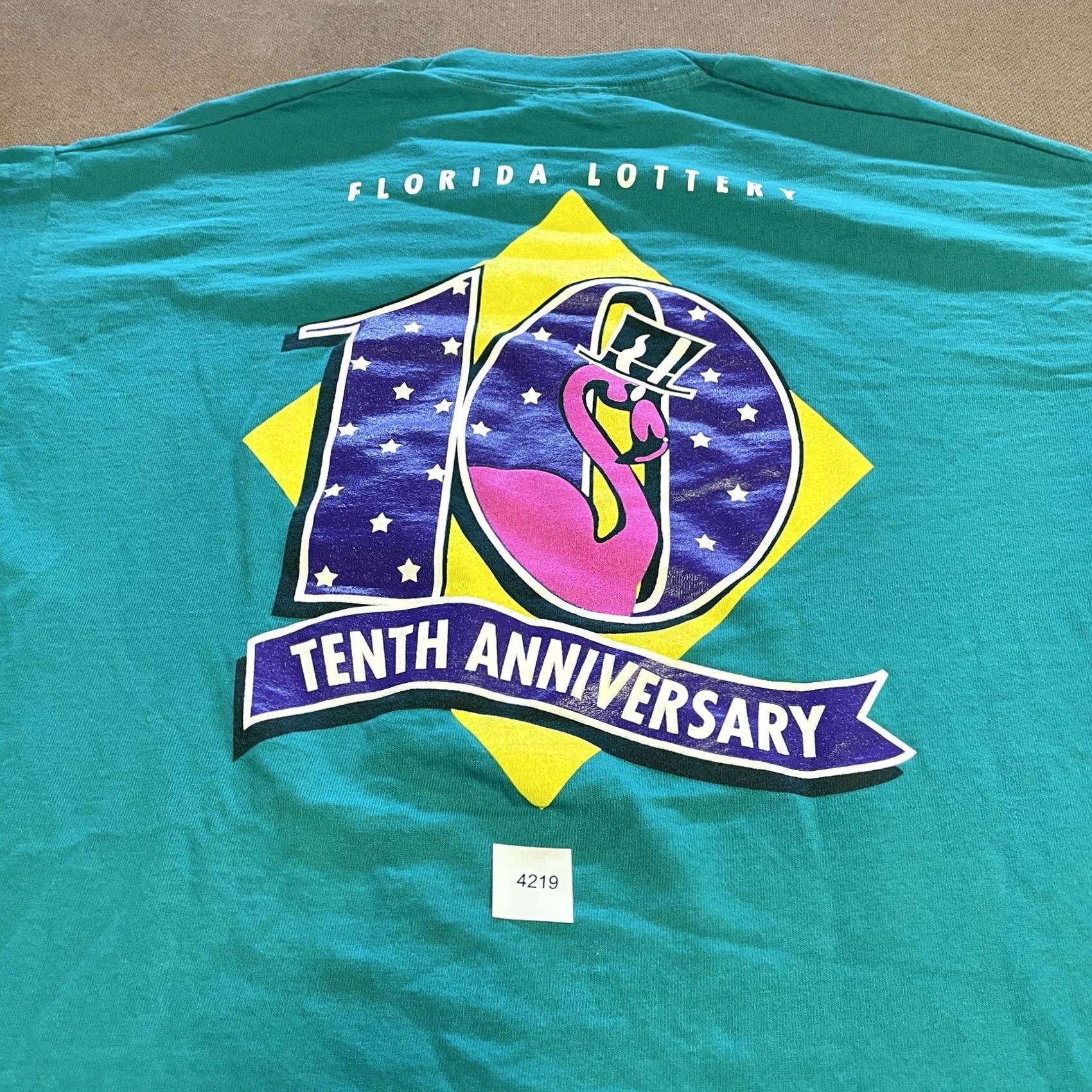 Fruit Of The Loom VINTAGE Florida Lottery Shirt Mens Large Teal Promo 90s Flamingo Graphic Print Crew Neck Short Sleeve Cotton 100% Fruit of the Loom HRG JamaicA Size US L / EU 52-54 / 3 - 6 Thumbnail