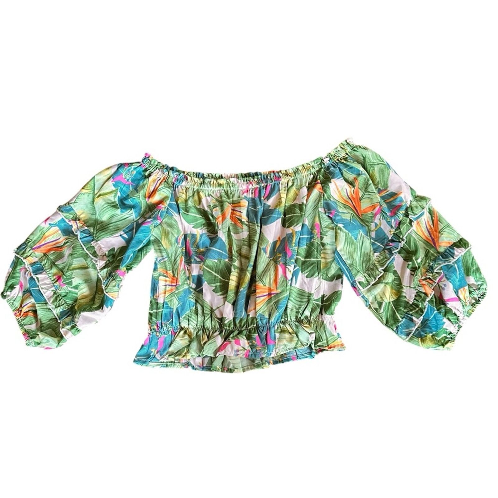 Rachel Zoe Rachel Zoe Tropical Off-the-Shoulder Crop Blouse Green/Blue Size M / US 6-8 / IT 42-44 - 5 Thumbnail
