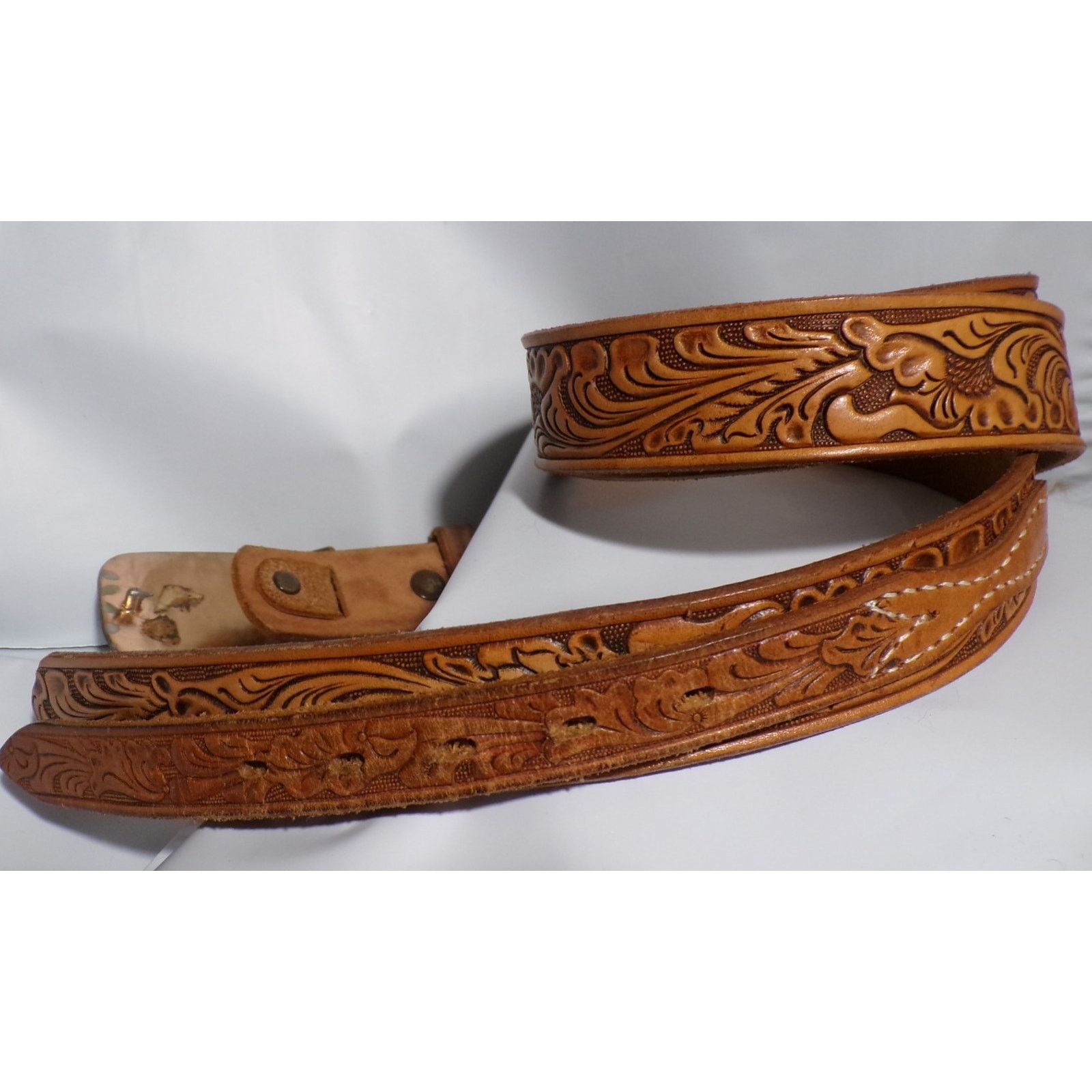 Vtg JUSTIN Tooled Leather Belt 48 w Buckle Cowhide Western display picture 1