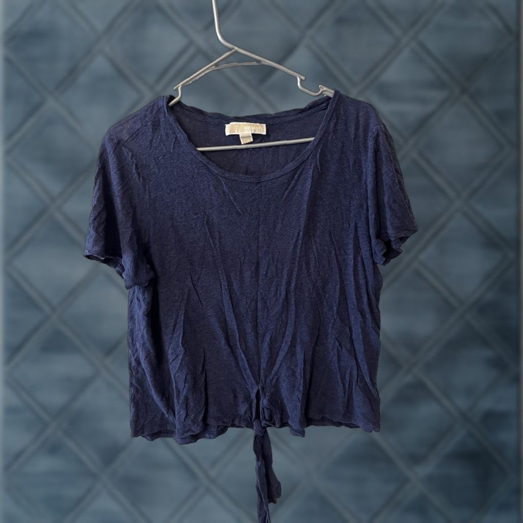 Vintage MICHAEL Michael Kors Shirt Top Short Sleeve Linen Tie Front Knot Solid Blue Size Large Size L / US 10 / IT 46 - 1 Thumbnail