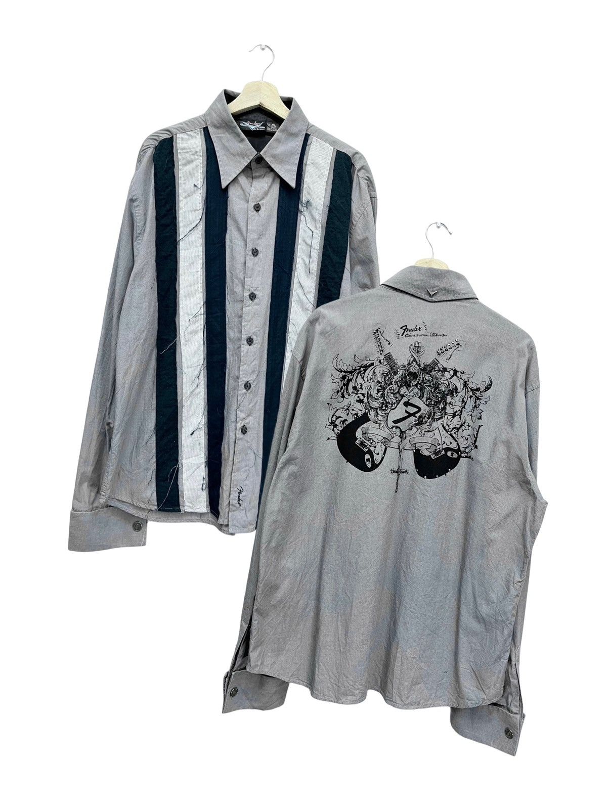 image of Affliction x Da Vinci fender By Da Vinci Frayed Line Patch Big Print Shirt in Grey, Men's (Size XL)