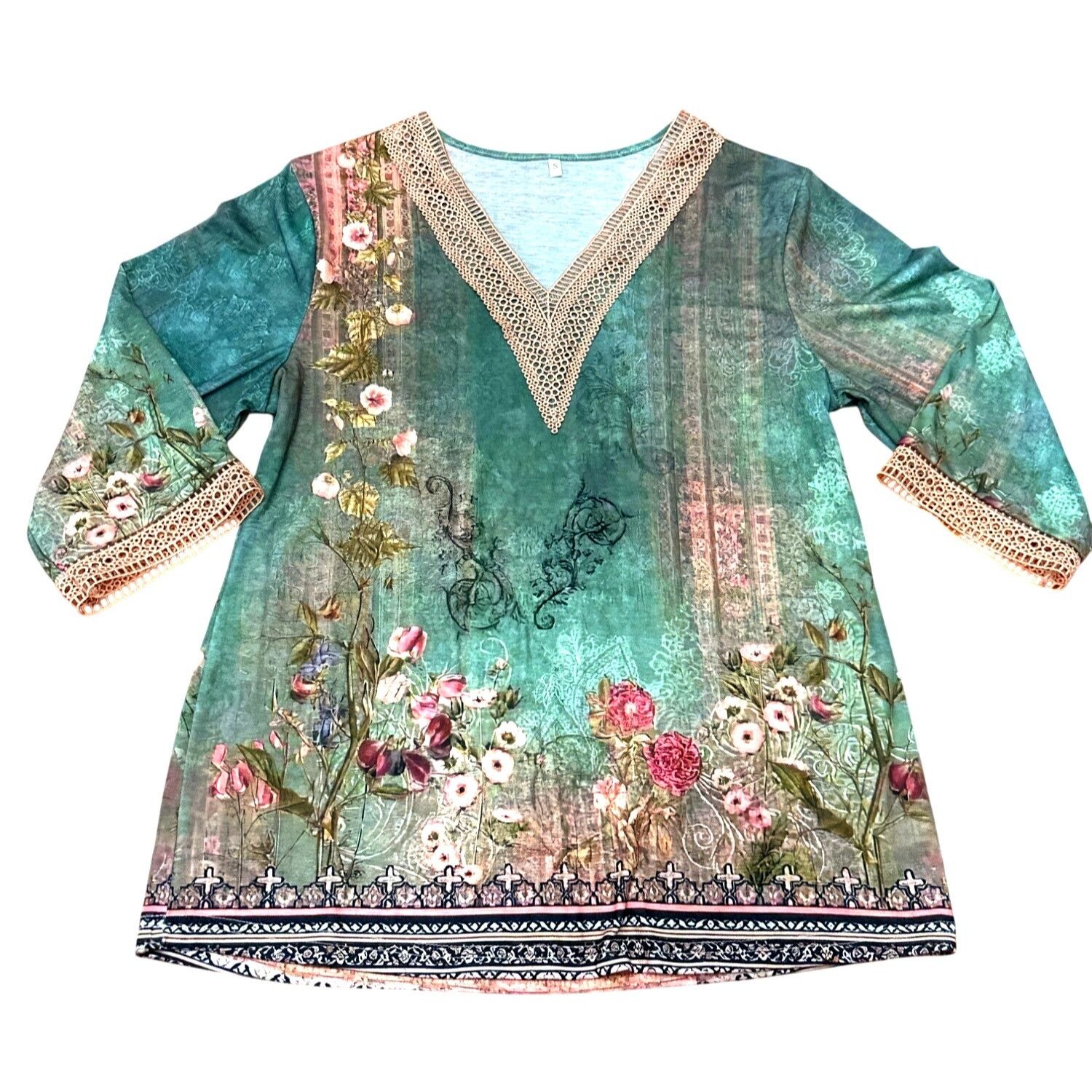 Other CCC Bohemian Floral Print Short Sleeve Tunic Top Crochet Nec Size S / US 4 / IT 40 - 5 Thumbnail
