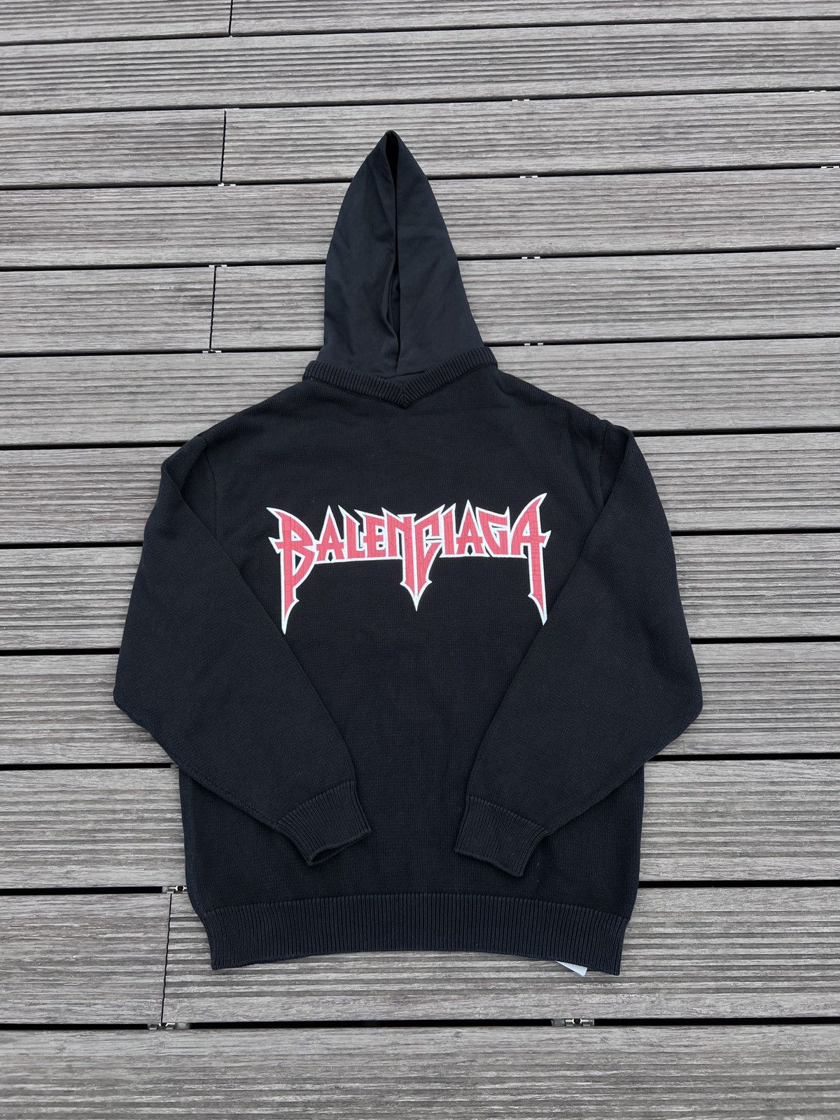 image of Balenciaga Metal Logo Knit Hoodie 23Ss in Black, Men's (Size Small)