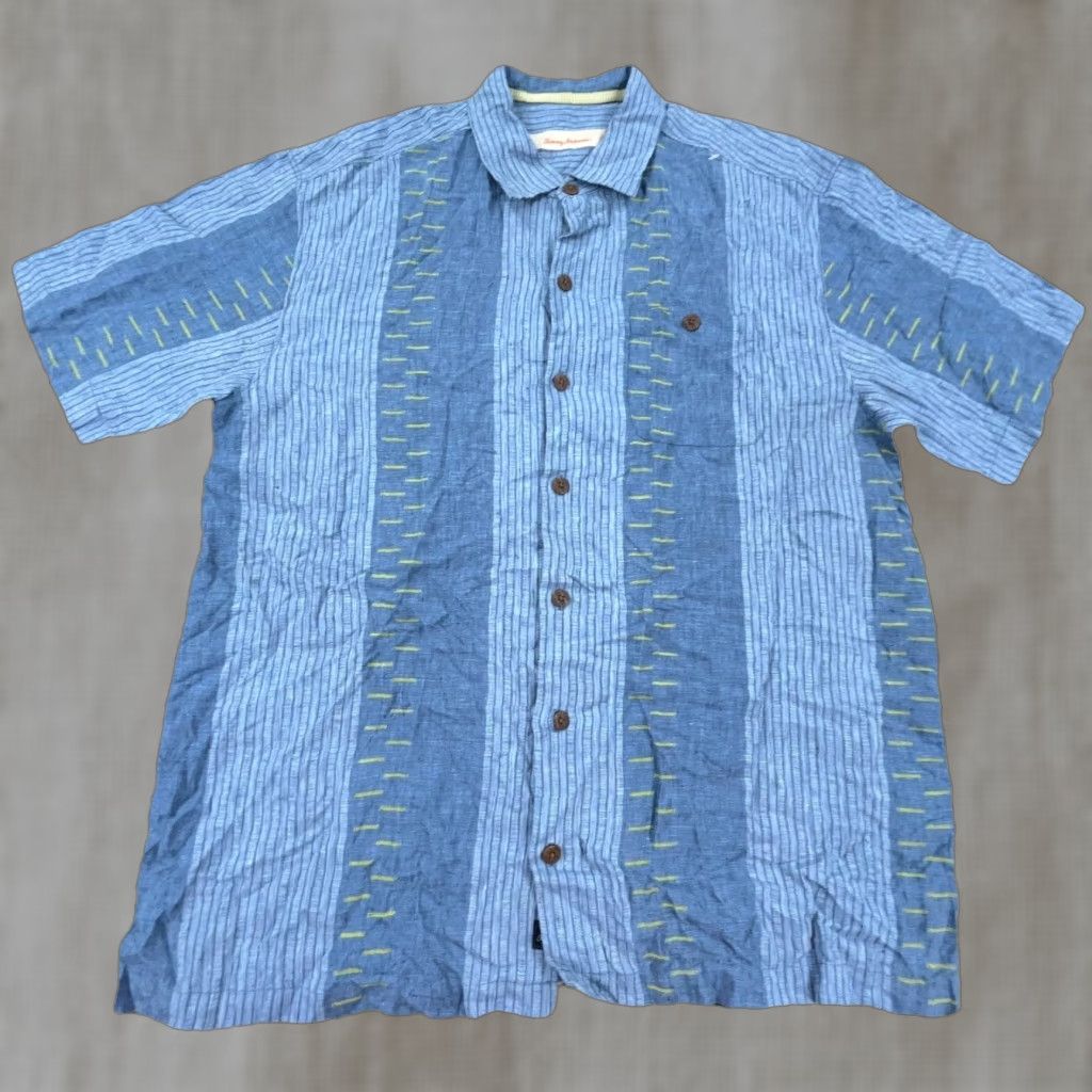 Tommy Bahama VINTAGE Tommy Bahama Shirt Men Large Blue Striped Linen Button-Up Casual Beachwear Summer Mens Size US L / EU 52-54 / 3 - 1 Thumbnail