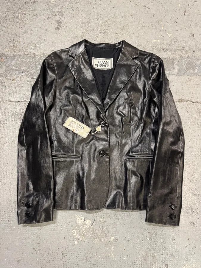Vintage 1990s Gianni Versace Pure Black Leather Blazer Jacket Size US S / EU 44-46 / 1 - 1 Thumbnail