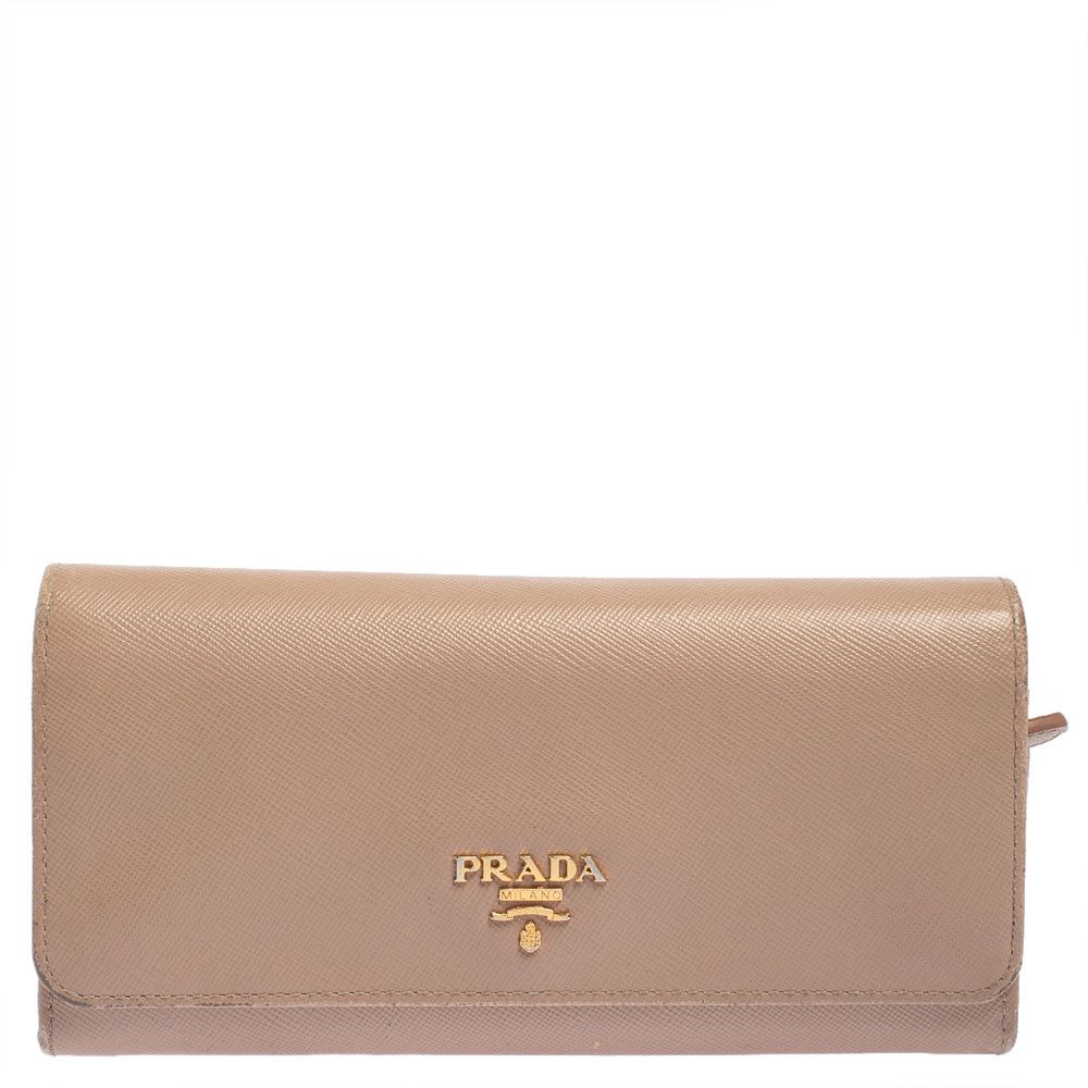 image of Prada Beige Saffiano Lux Leather Flap Continental Wallet in Black, Women's