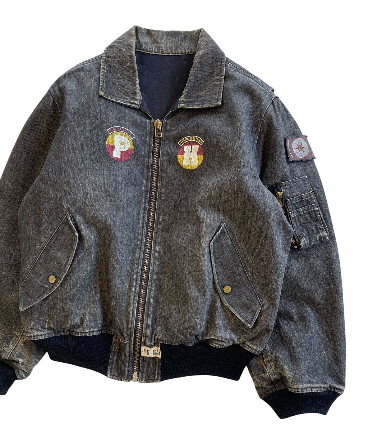 Pink House 1980s Washed Black Denim Bomber Jacket Size US XL / EU 56 / 4 - 6 Thumbnail