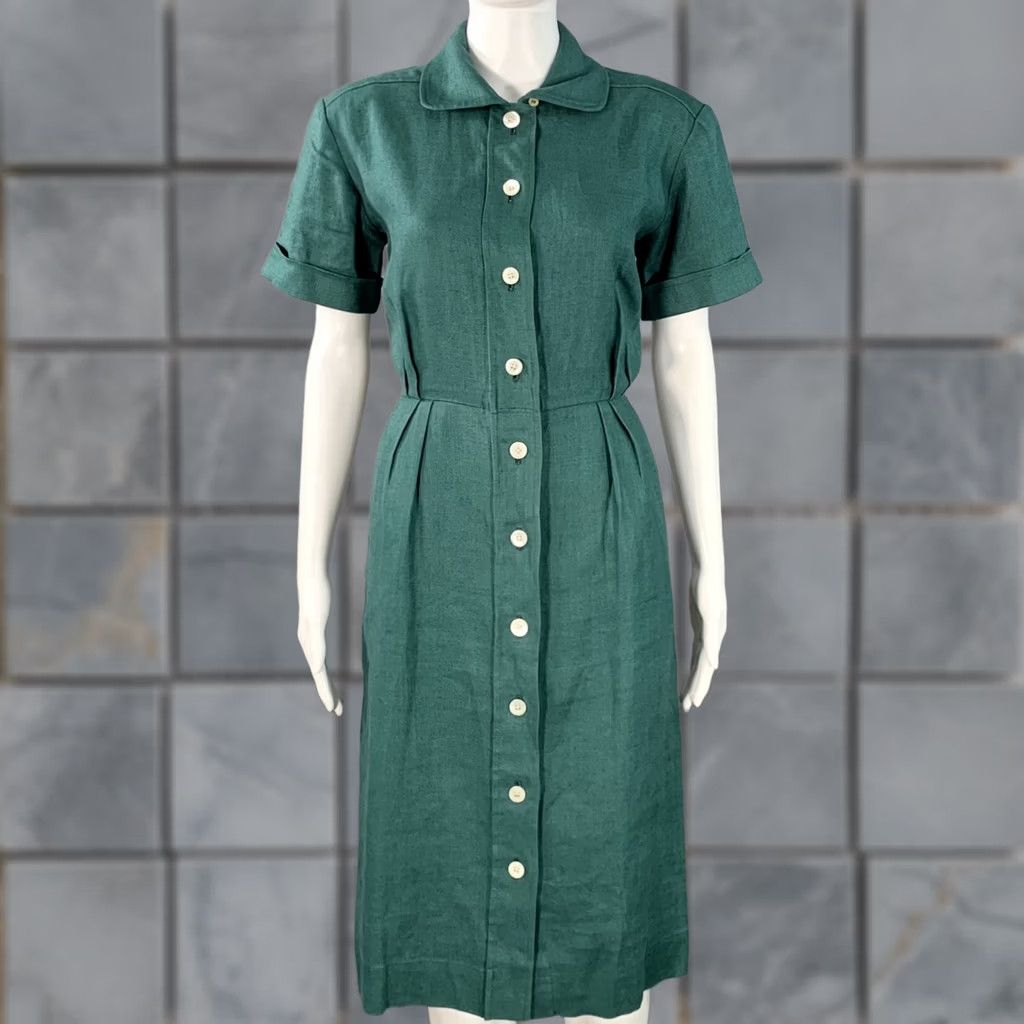 Yves Saint Laurent YVES SAINT LAURENT Vintage Green Linen Shirt Dress 6 Womens Midi Button Up Pleated France Size M / US 6-8 / IT 42-44 - 1 Thumbnail
