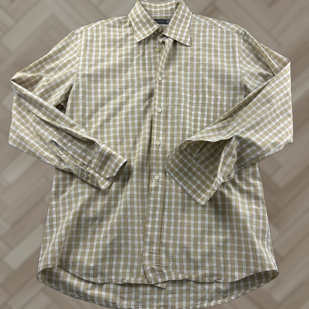 Canali Canali Plaid Button-Up Shirt Mens Medium White Beige Long Sleeve Cotton Woven Size US M / EU 48-50 / 2 - 1 Thumbnail