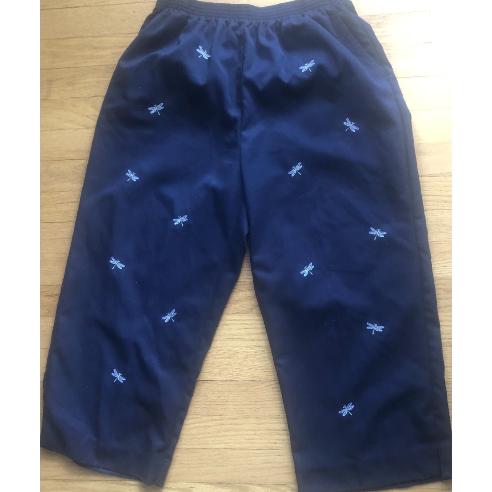 Vintage ALFRED DUNNER Pants Women 12 Blue Elastic Waist Pockets Dragonfly Embroidered Print Cropped Nature Size 34" / US 12 / IT 48 - 2 Thumbnail