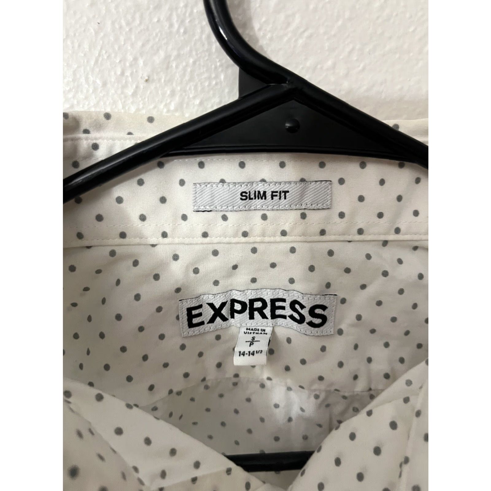 Express Express Extra Slim Fit Dress Shirt White Gray Polka Dot Men Small Size 36R - 2 Thumbnail