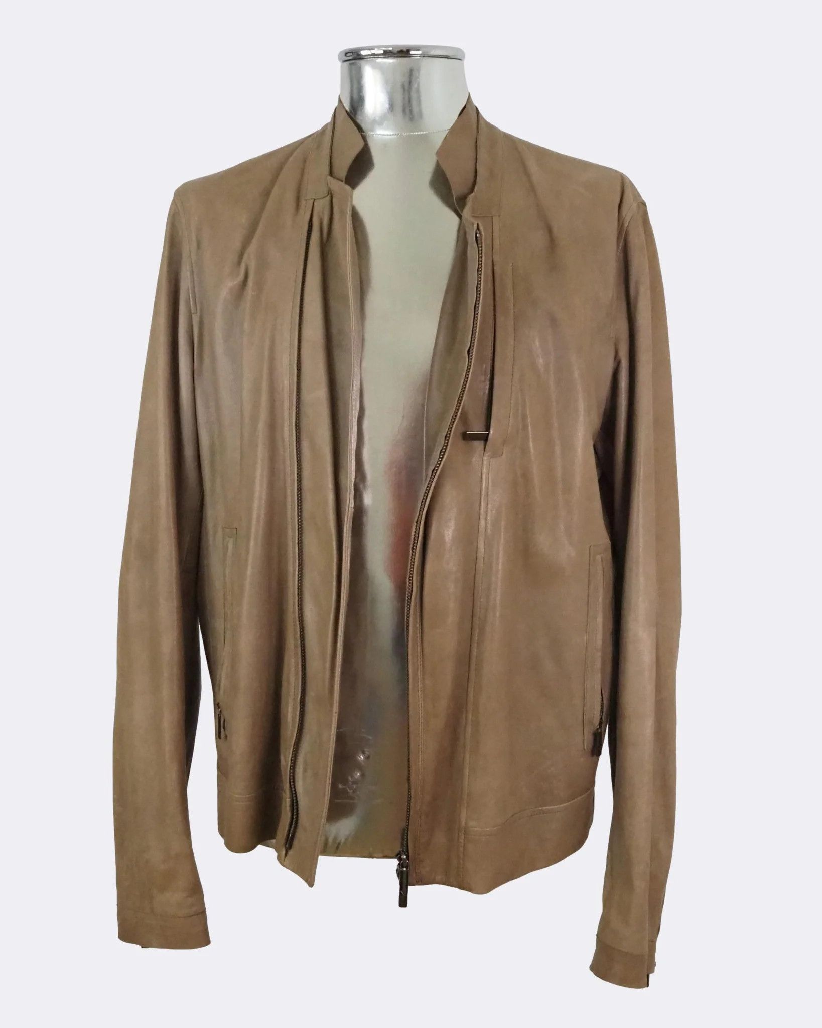 image of Men's Emporio Armani Laser-Cut Biker Leather Jacket $1530 in Light Brown (Size Large)