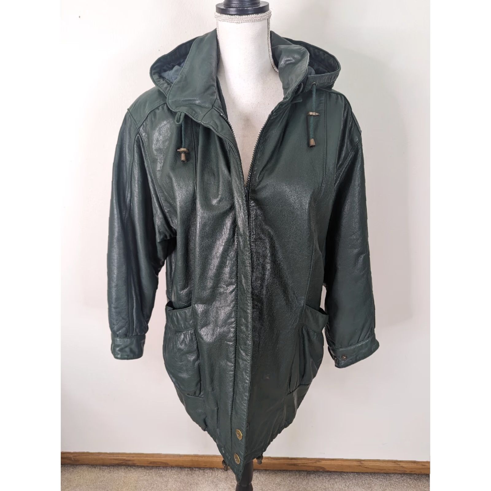 Vintage VINTAGE Green Leather Hooded Relaxed Fit Parka Jacket Coat Women M Parka Jacket Coat Women's Medium Leather Zip Lined Shoulder Pads USA 80s 90s Size M / US 6-8 / IT 42-44 - 2 Thumbnail