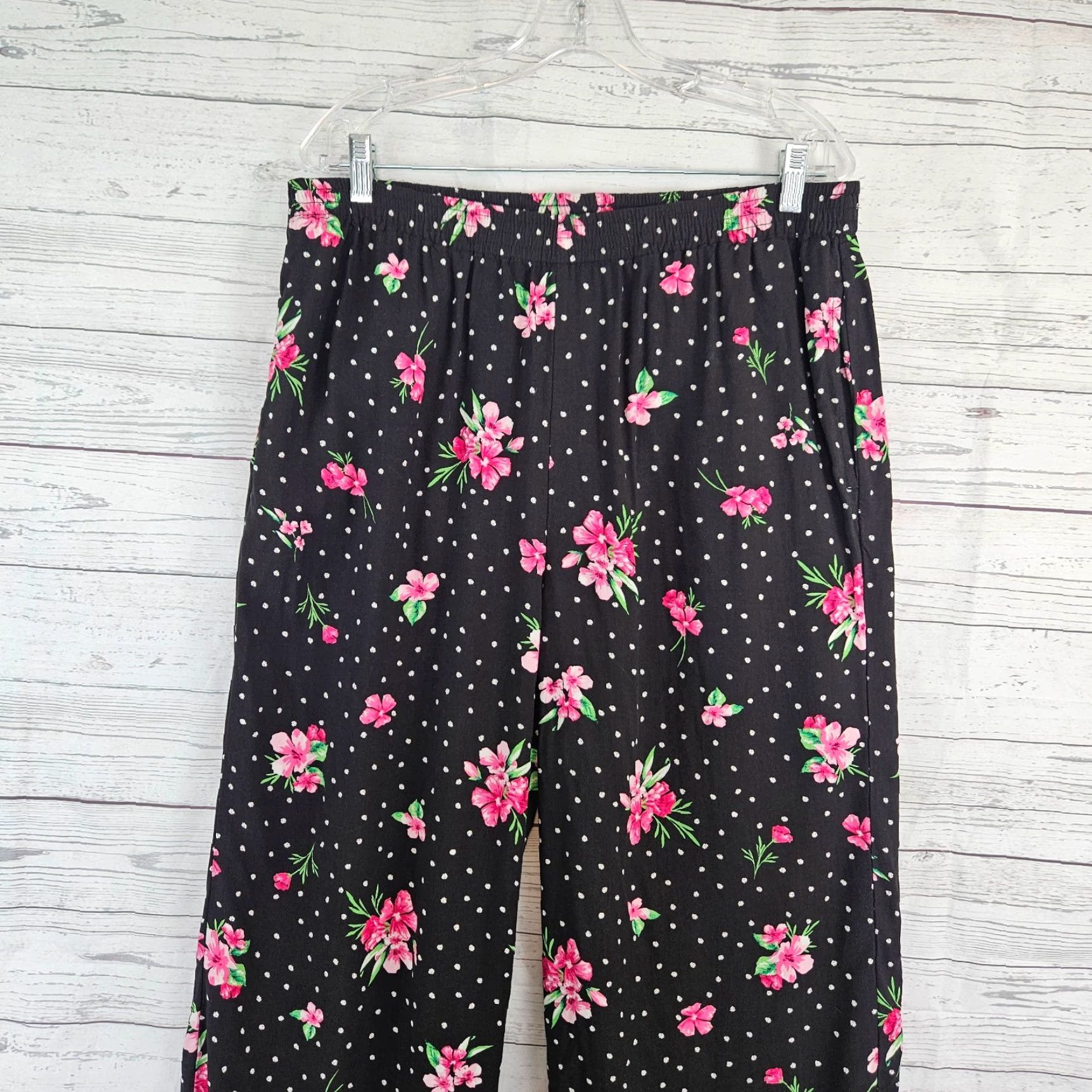 Vintage Woman Within Womens Pants 18W Black Pink Floral Rayon Pull On Pants Womens Trousers Plus Size 18W Size 40" / US 18 - 2 Thumbnail