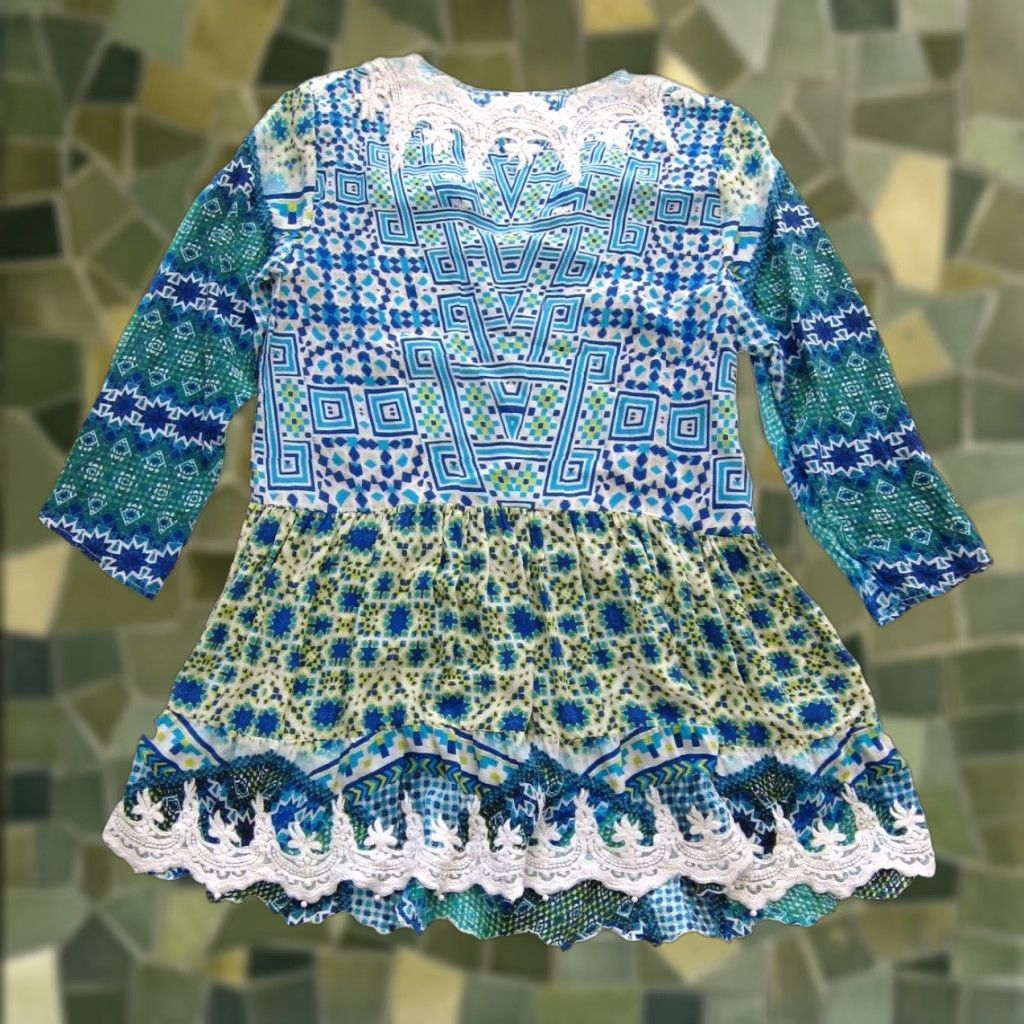 Rococo Sand VINTAGE Rococo Sand 100% Silk Blue Yellow Tassel V-Neck 3/4 Sleeve Boho Mini Dress M Size M / US 6-8 / IT 42-44 - 1 Thumbnail